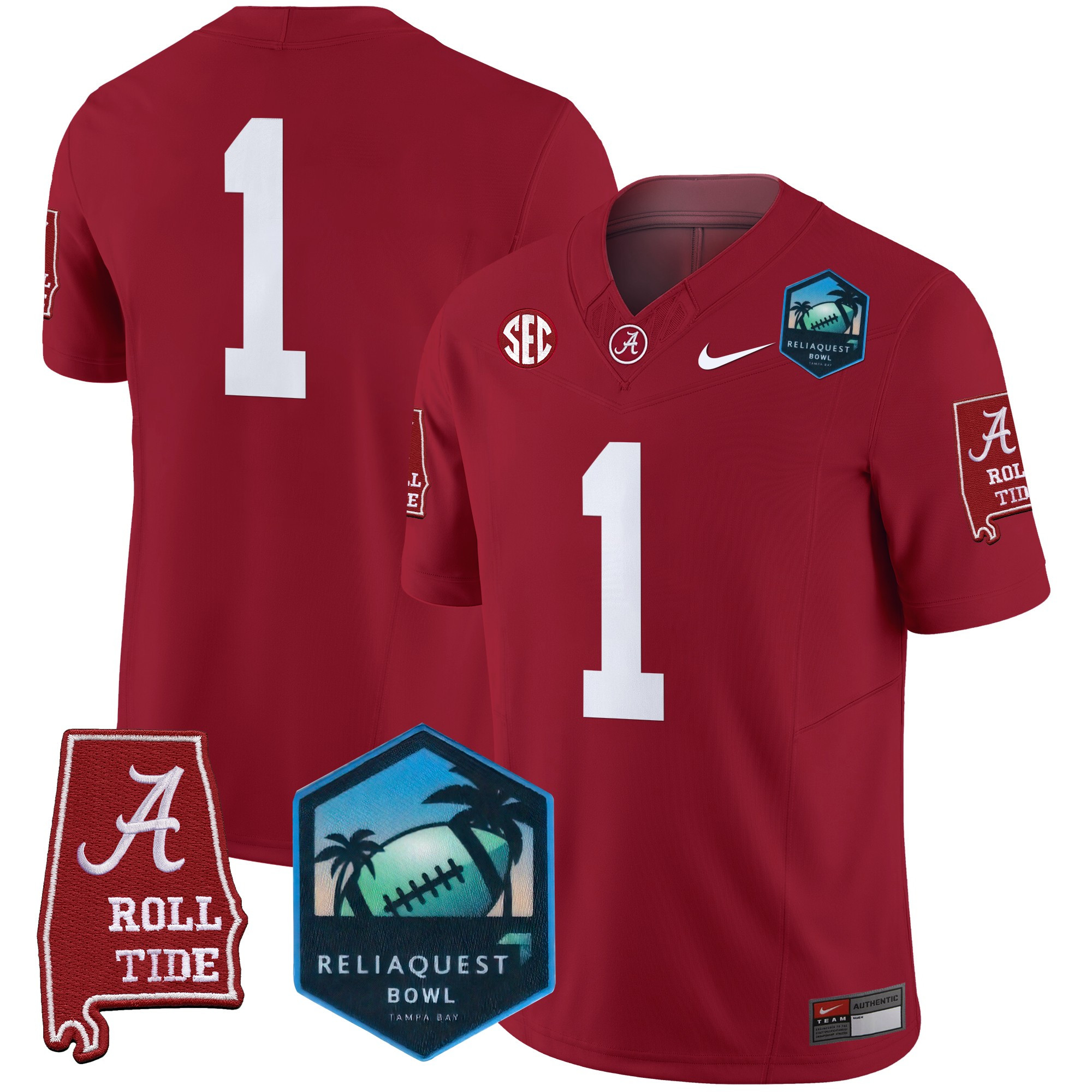 #1 Team Men's Alabama Crimson Tide 2025 ReliaQuest Bowl Patch Vapor Limited Crimson Jersey - All Stitched