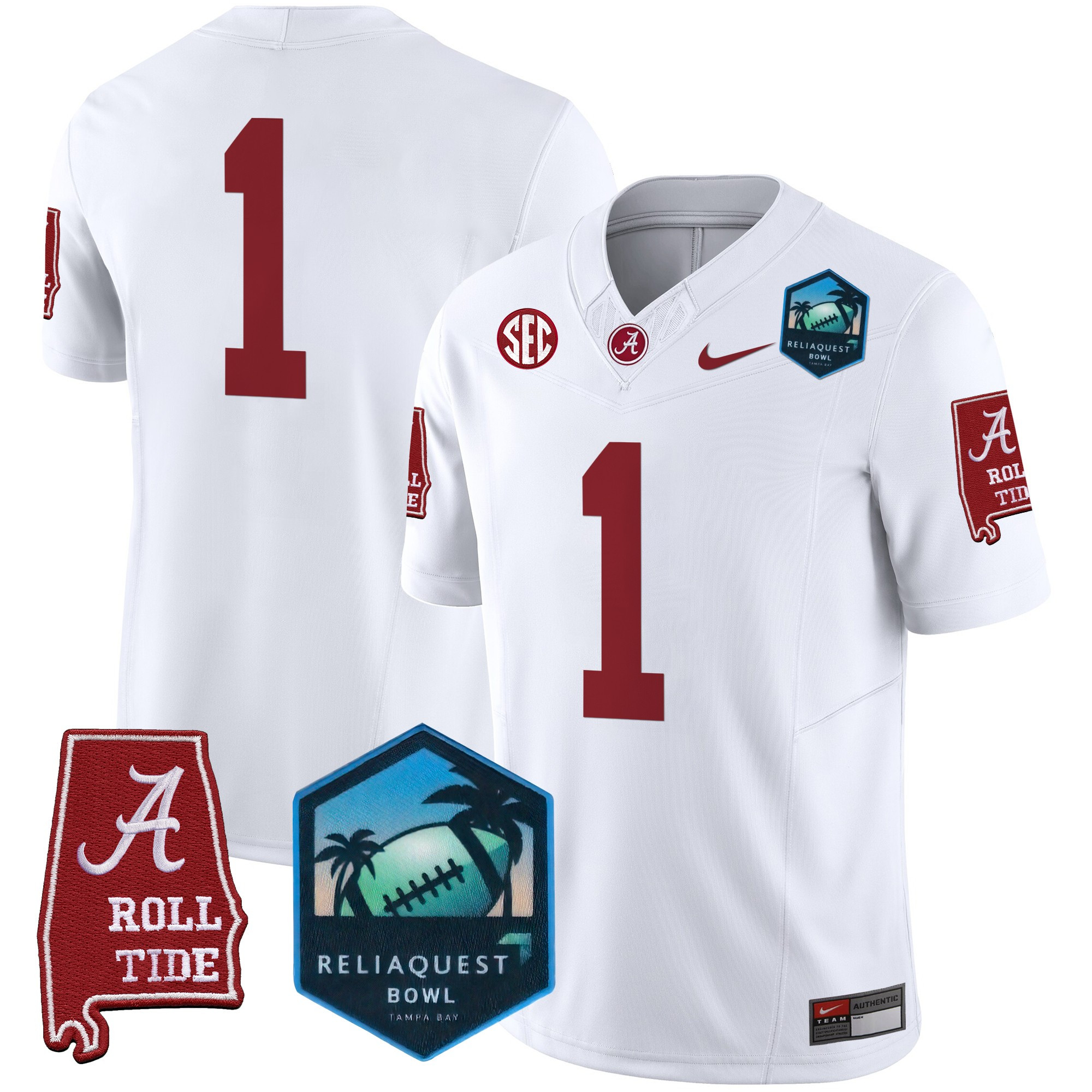 #1 Team Men's Alabama Crimson Tide 2025 ReliaQuest Bowl Patch Vapor Limited White Jersey - All Stitched