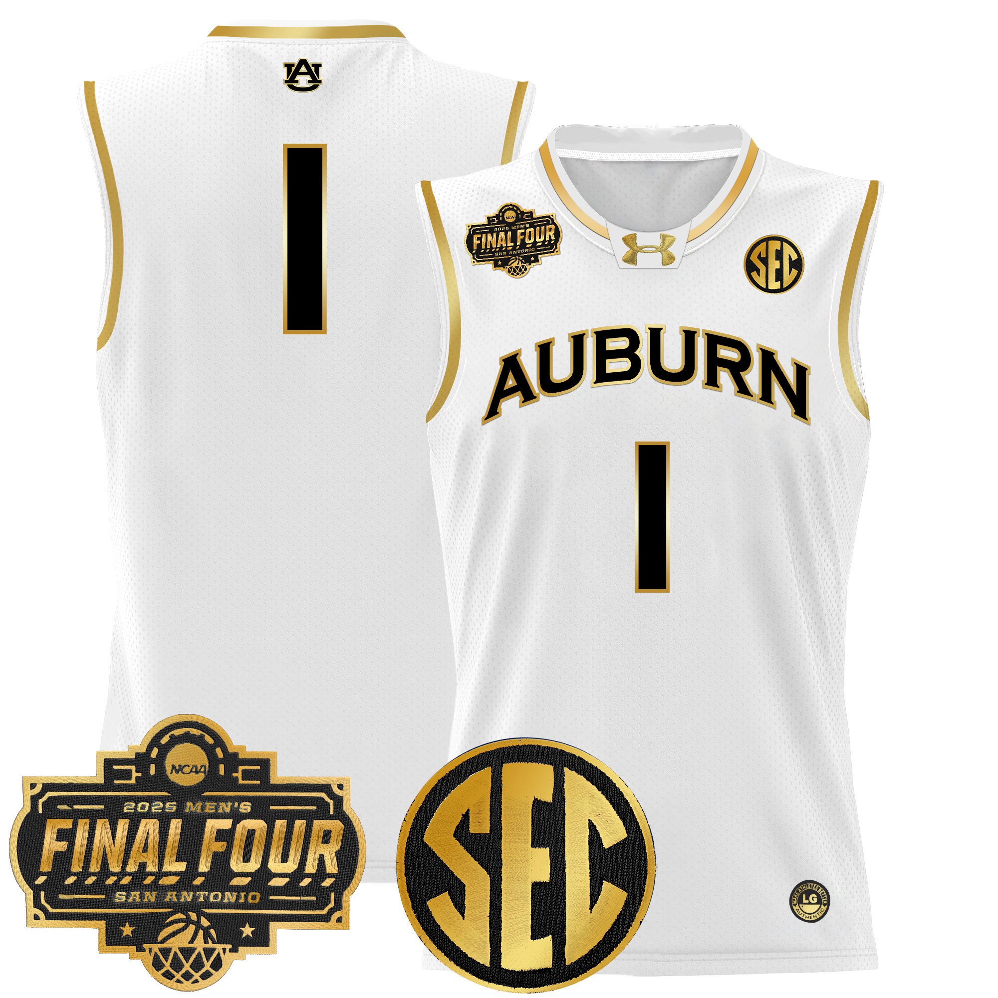 #1 Team Men's Auburn Tigers 2025 Final Four Patch Lightweight Basketball White Gold Jersey - All Stitched
