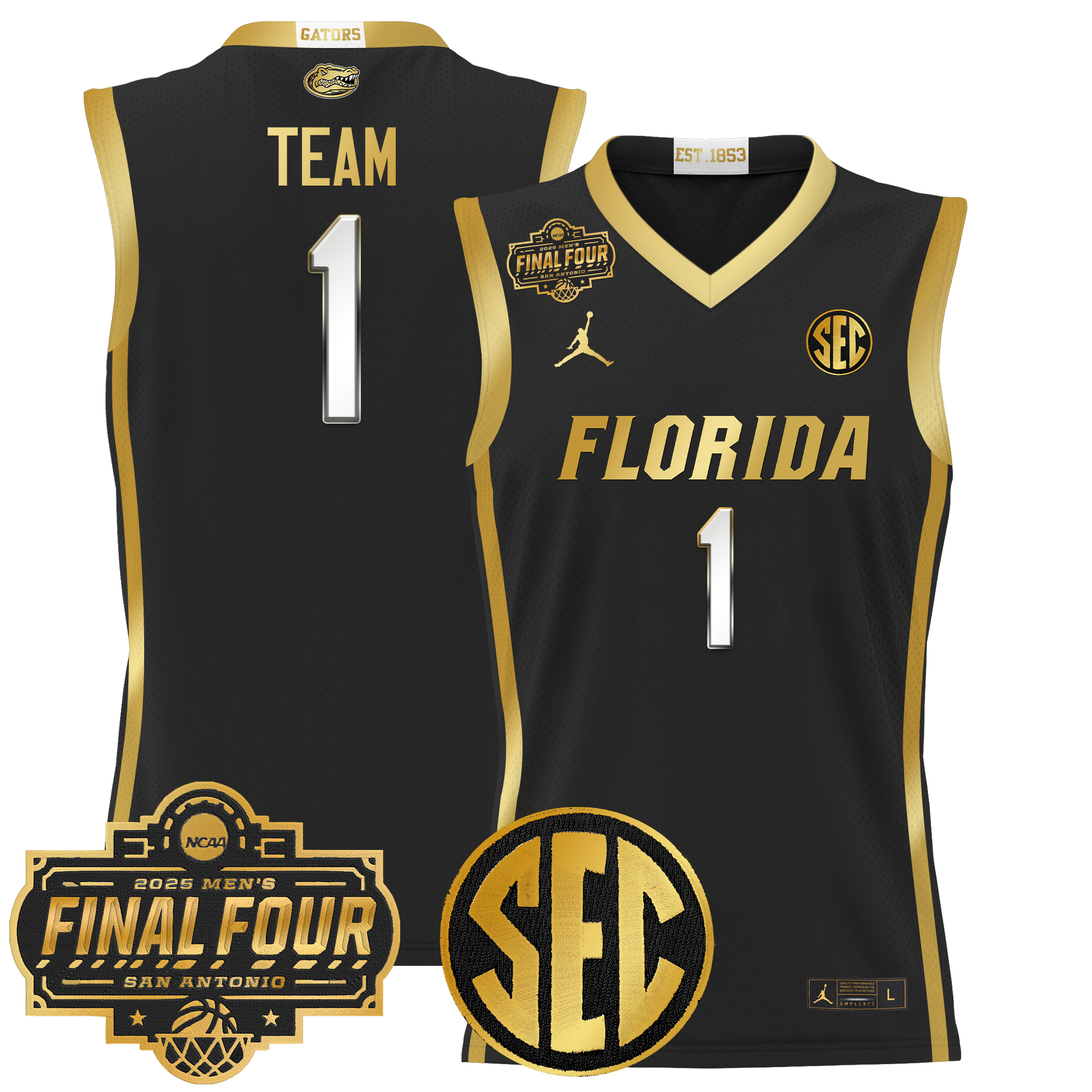 #1 Team Men's Florida Gators 2025 Final Four Patch Basketball Black Gold Jersey - All Stitched