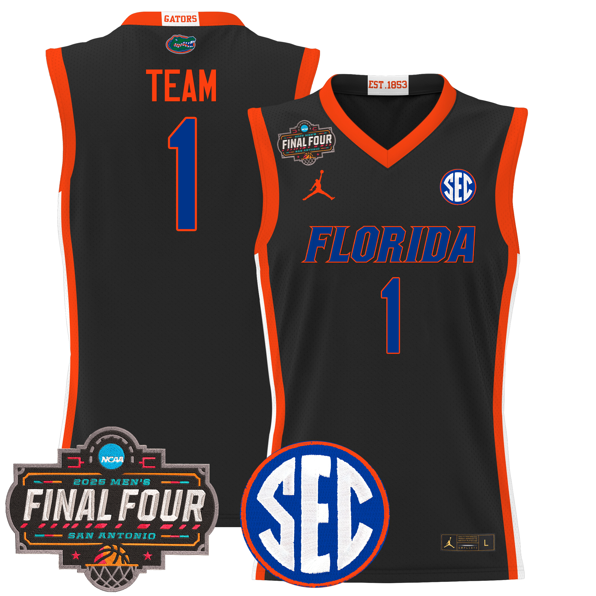 #1 Team Men's Florida Gators 2025 Final Four Patch Basketball Black Jersey - All Stitched