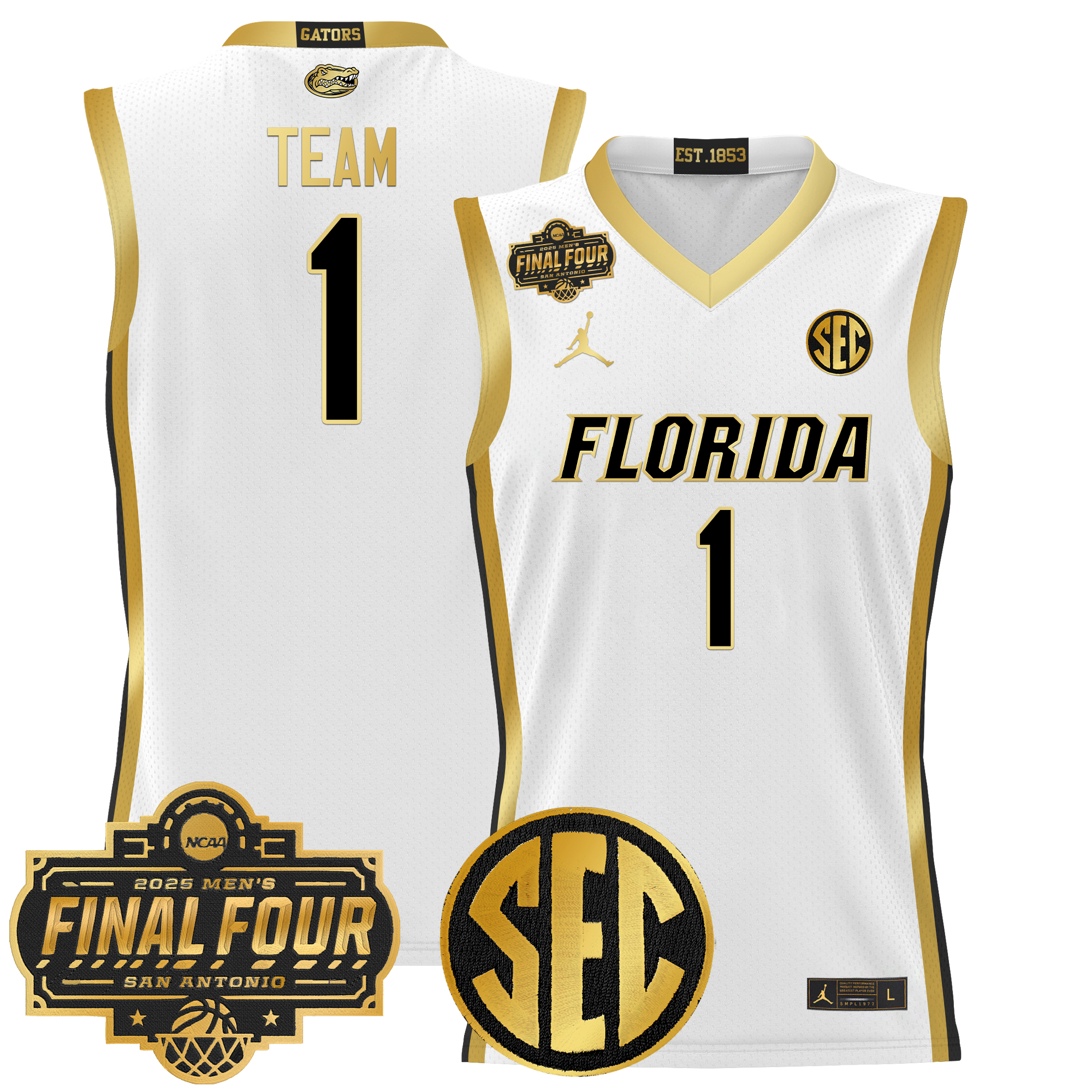 #1 Team Men's Florida Gators 2025 Final Four Patch Basketball White Gold Jersey - All Stitched
