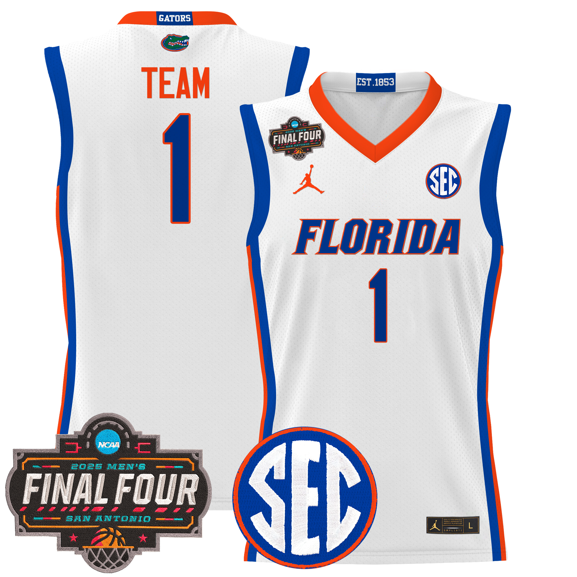 #1 Team Men's Florida Gators 2025 Final Four Patch Basketball White Jersey - All Stitched