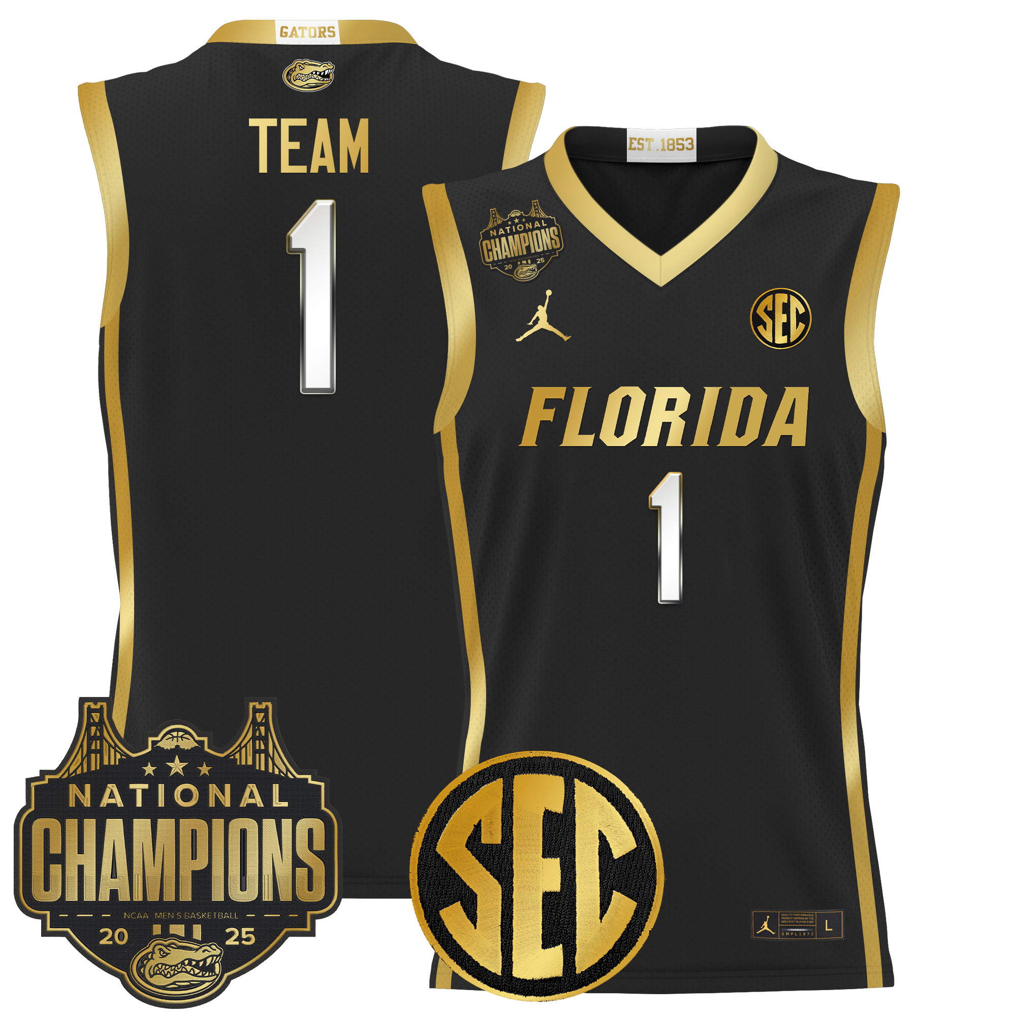#1 Team Men's Florida Gators 2025 National Champions Patch Basketball Black Gold Jersey - All Stitched