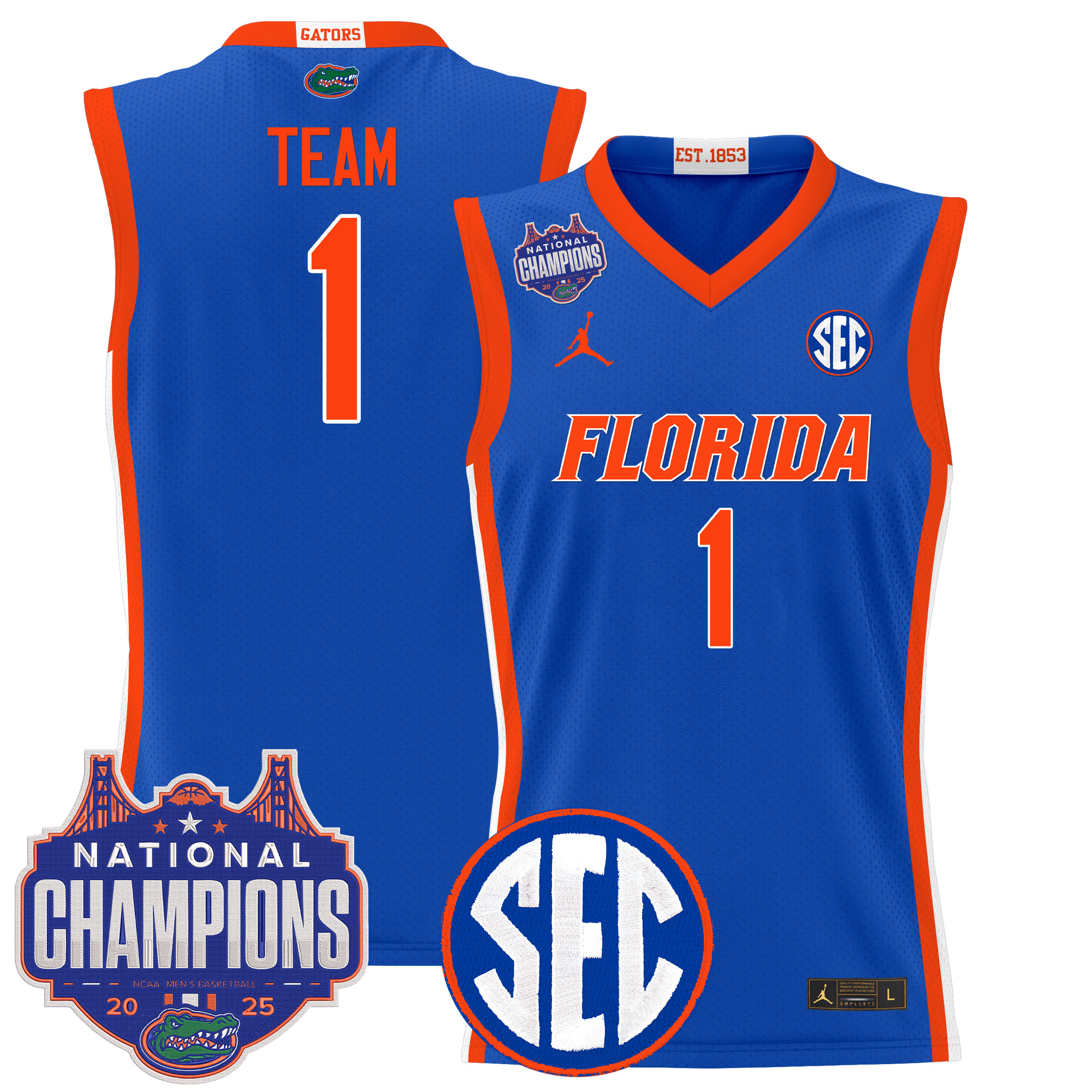 #1 Team Men's Florida Gators 2025 National Champions Patch Basketball Royal Jersey - All Stitched