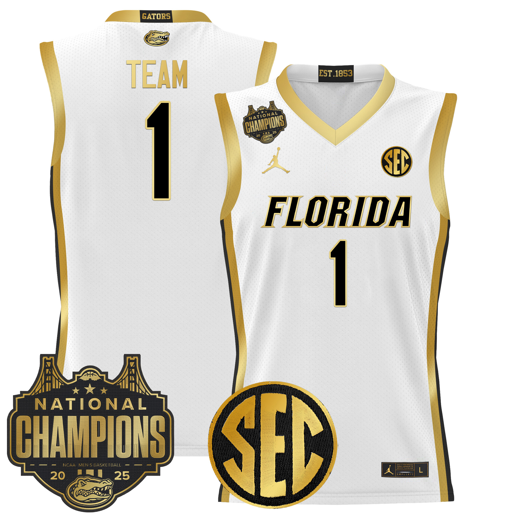 #1 Team Men's Florida Gators 2025 National Champions Patch Basketball White Gold Jersey - All Stitched