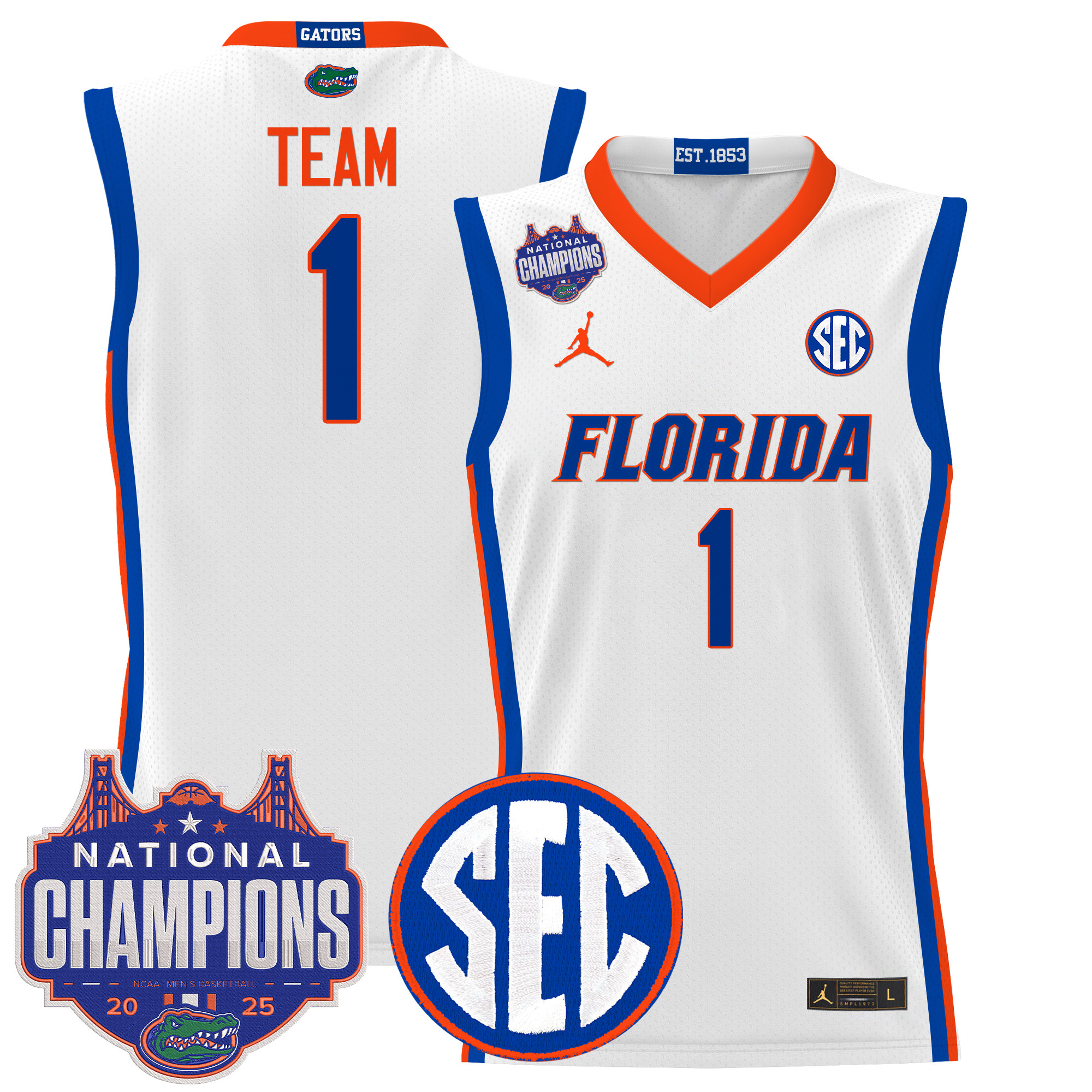 #1 Team Men's Florida Gators 2025 National Champions Patch Basketball White Jersey - All Stitched