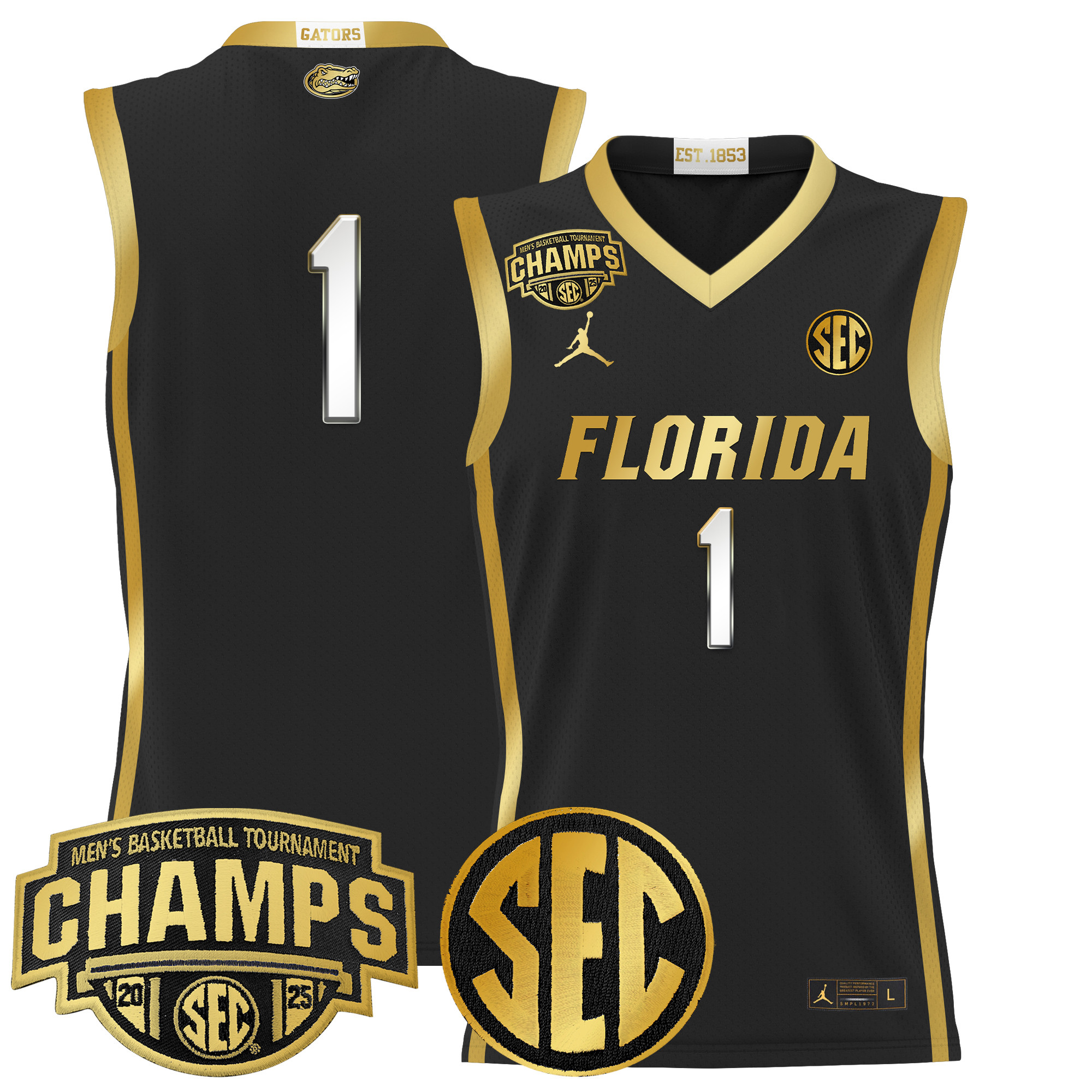 #1 Team Men's Florida Gators 2025 SEC Conference Tournament Champions Basketball Black Gold Jersey - All Stitched
