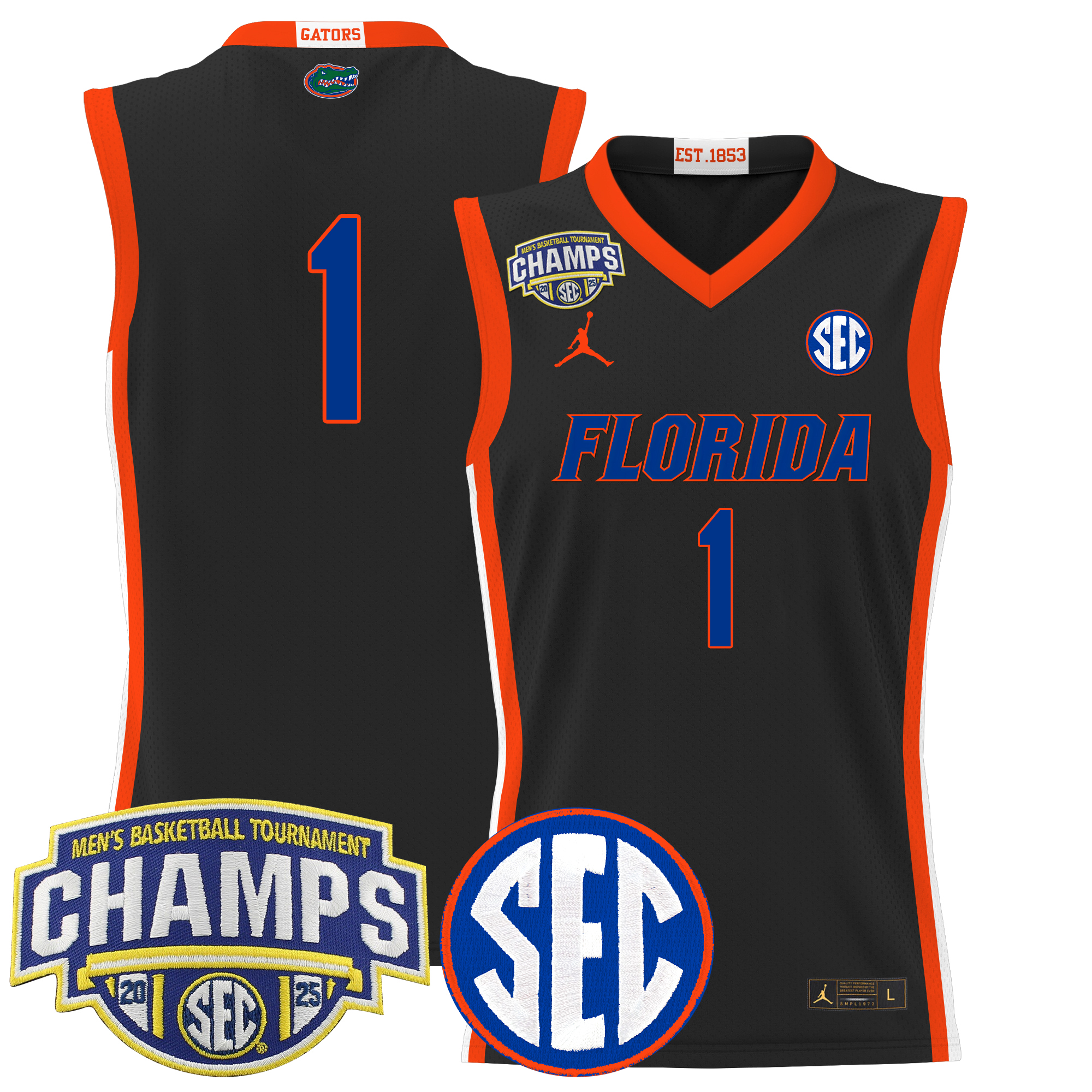 #1 Team Men's Florida Gators 2025 SEC Conference Tournament Champions Basketball Black Jersey - All Stitched