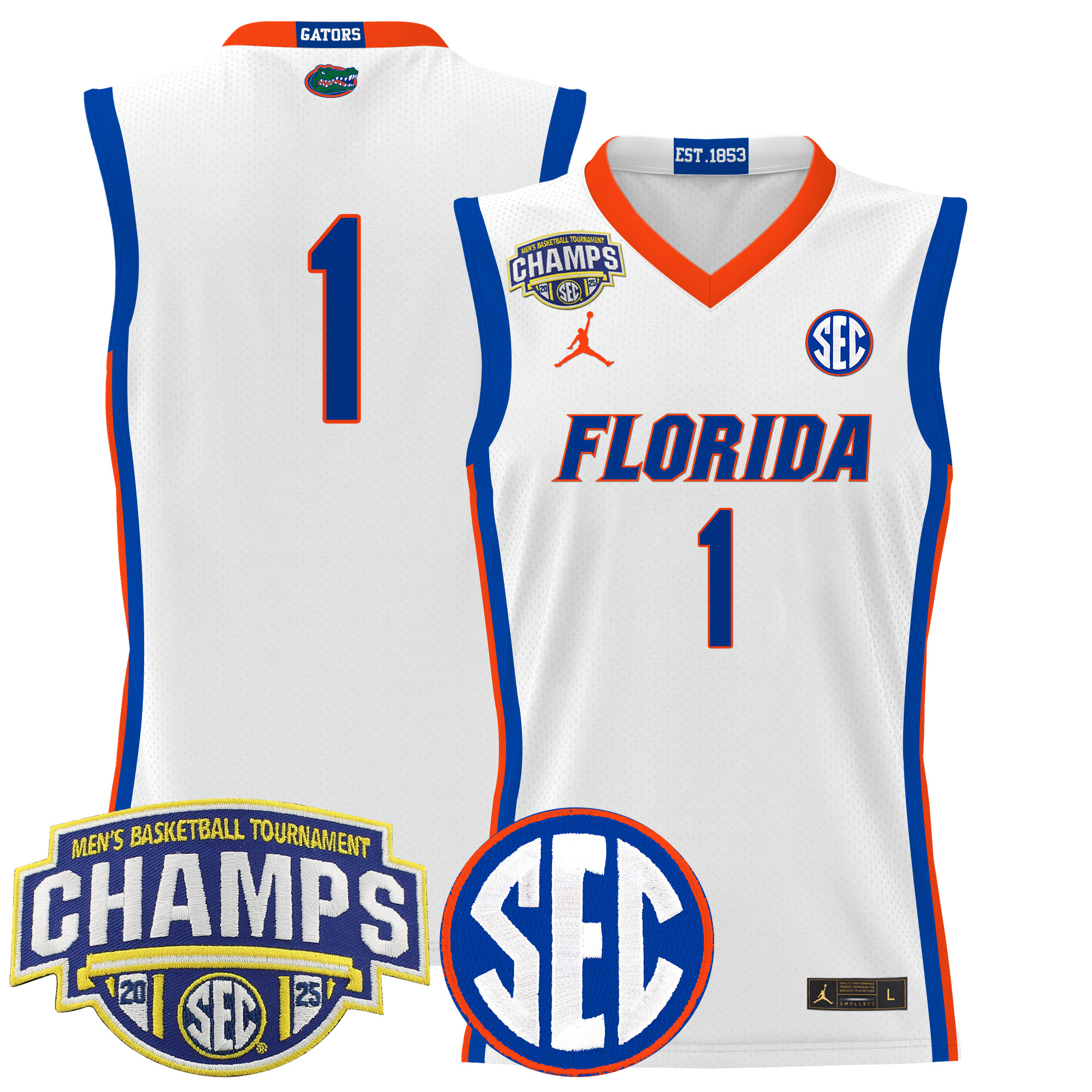 #1 Team Men's Florida Gators 2025 SEC Conference Tournament Champions Basketball White Jersey - All Stitched