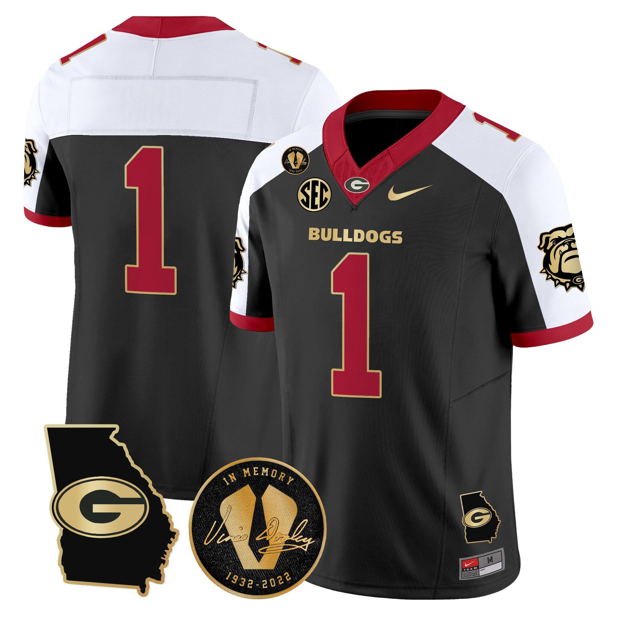 #1 Team Men's Georgia Bulldogs 2025 Georgia Map & Vince Dooley Patch Vapor Limited Alternate Jersey - All Stitched