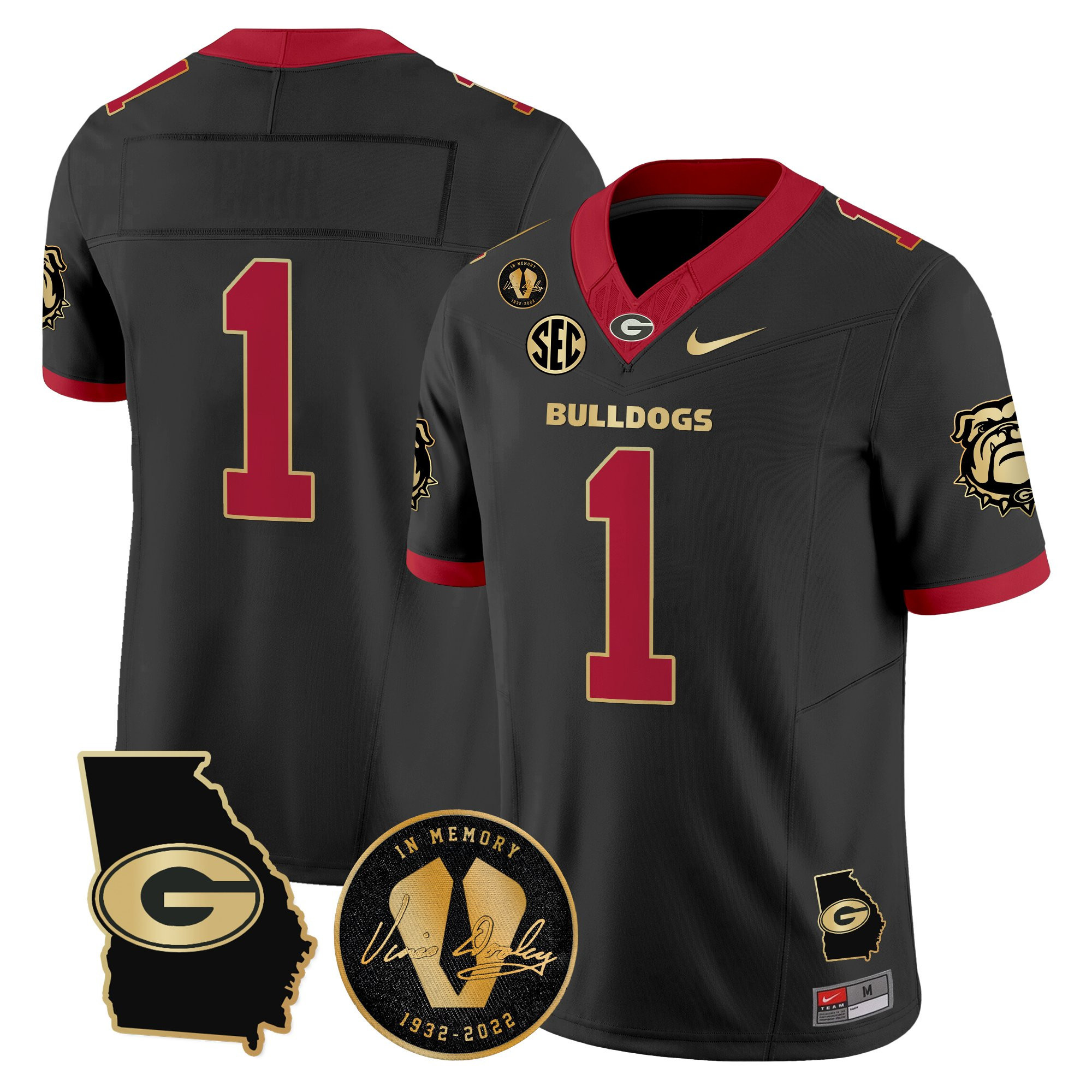 #1 Team Men's Georgia Bulldogs 2025 Georgia Map & Vince Dooley Patch Vapor Limited Black Gold Trim Jersey - All Stitched