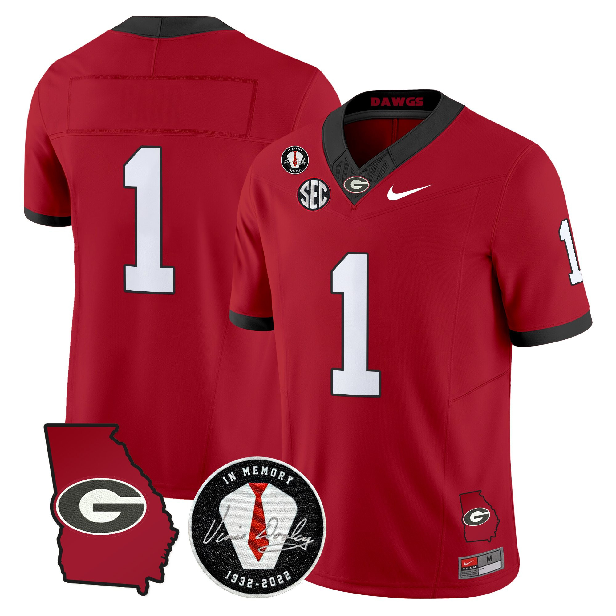 #1 Team Men's Georgia Bulldogs 2025 Georgia Map & Vince Dooley Patch Vapor Limited Red Jersey - All Stitched