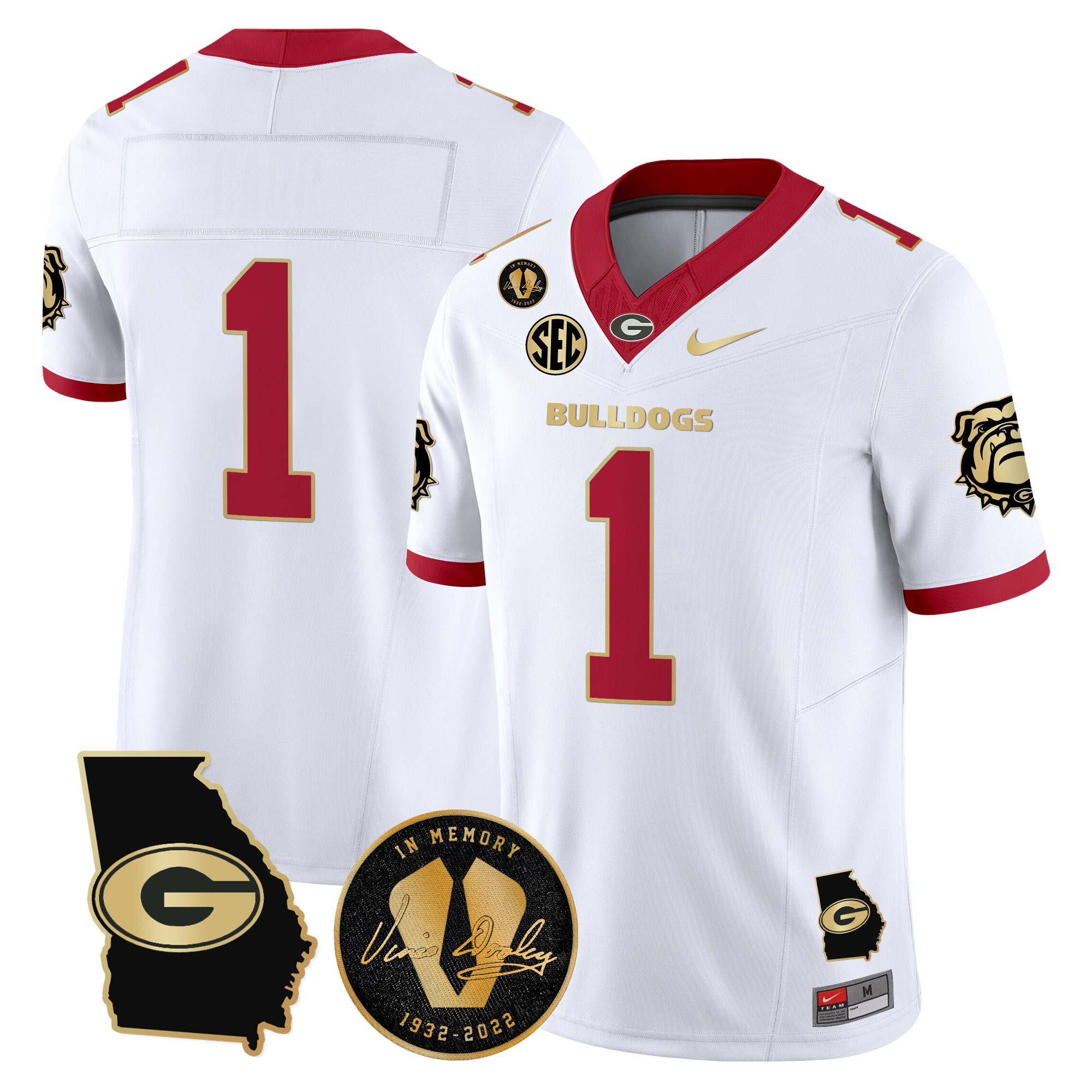 #1 Team Men's Georgia Bulldogs 2025 Georgia Map & Vince Dooley Patch Vapor Limited White Gold Trim Jersey - All Stitched