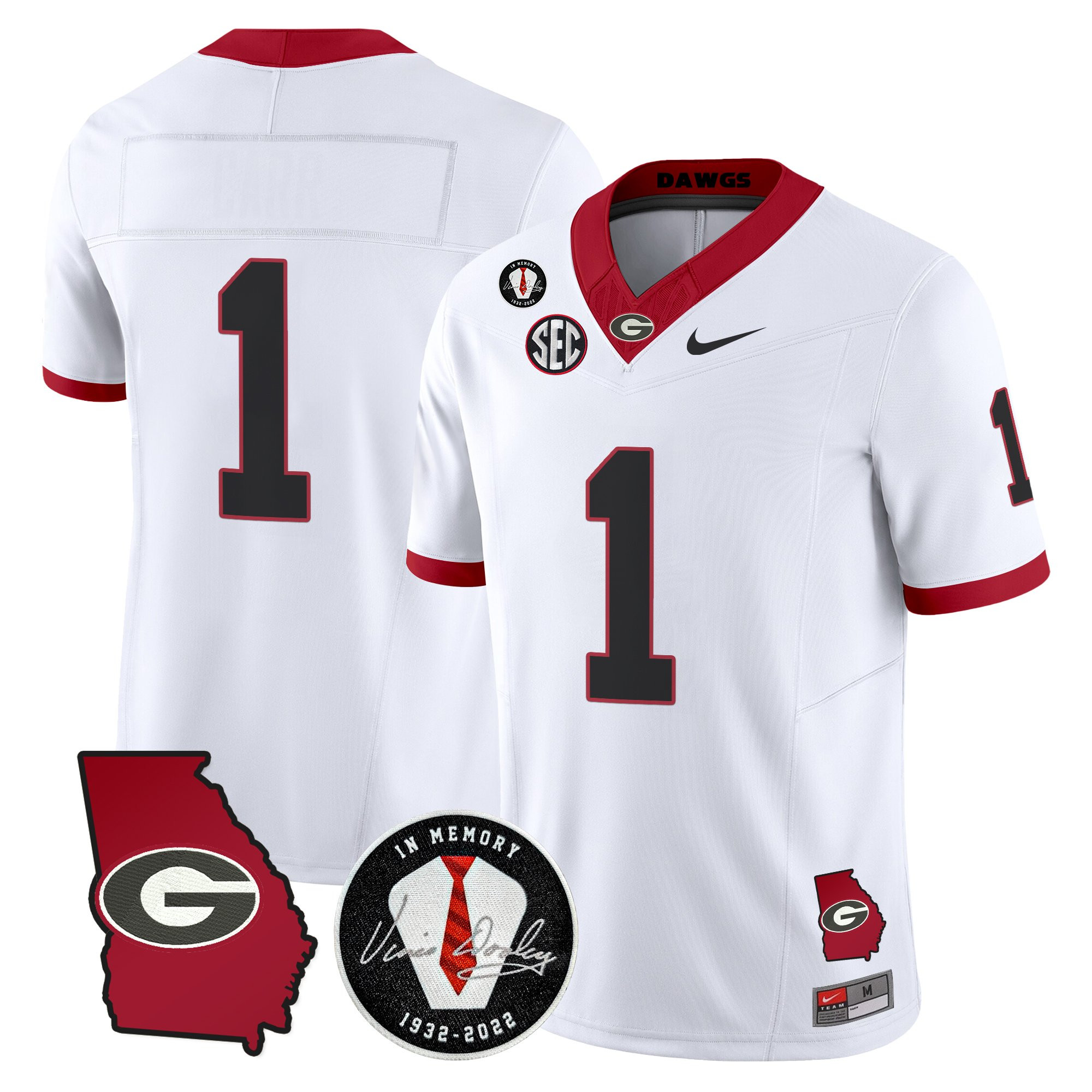 #1 Team Men's Georgia Bulldogs 2025 Georgia Map & Vince Dooley Patch Vapor Limited White Jersey - All Stitched