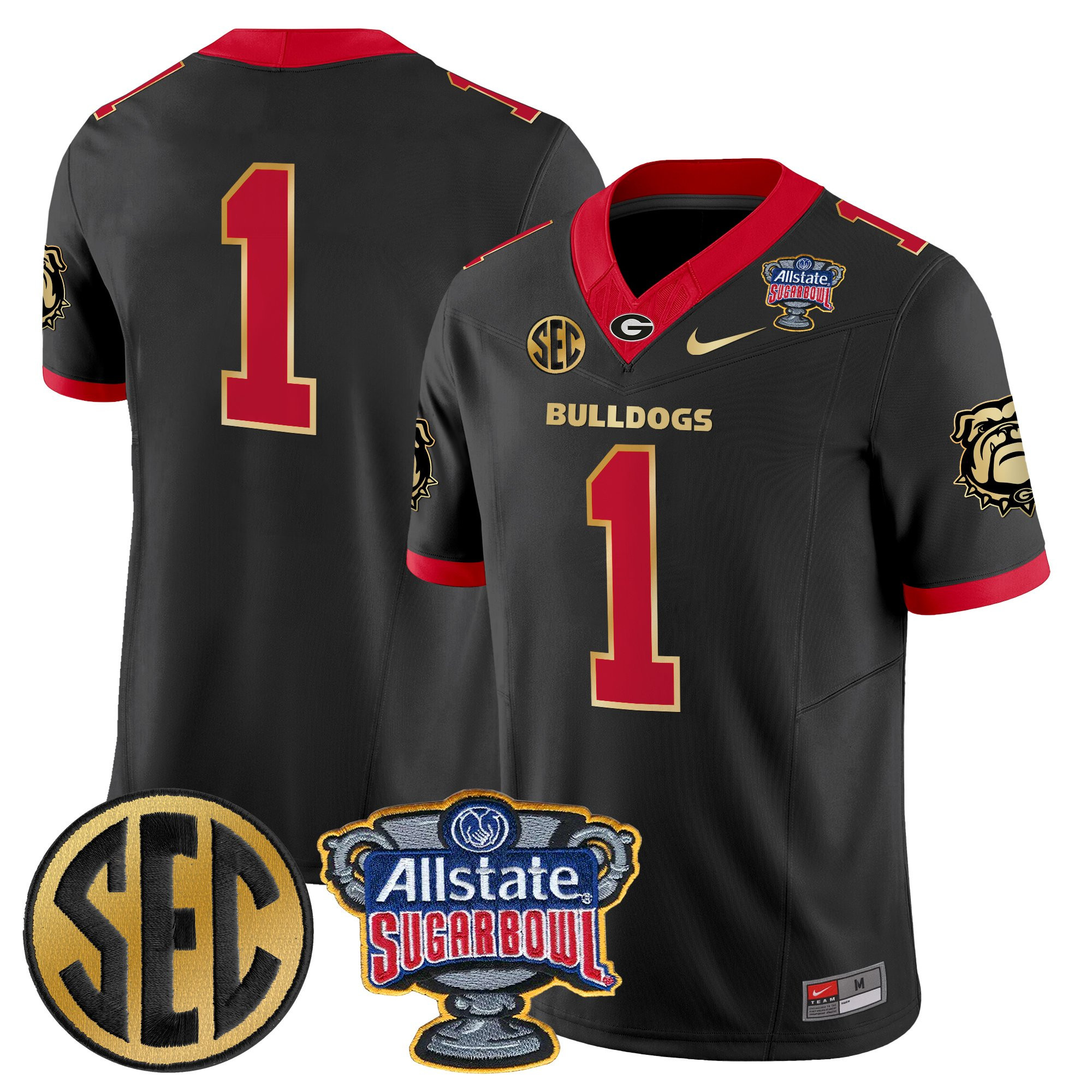 #1 Team Men's Georgia Bulldogs Sugar Bowl Patch Vapor Limited Black Gold Trim Jersey - All Stitched