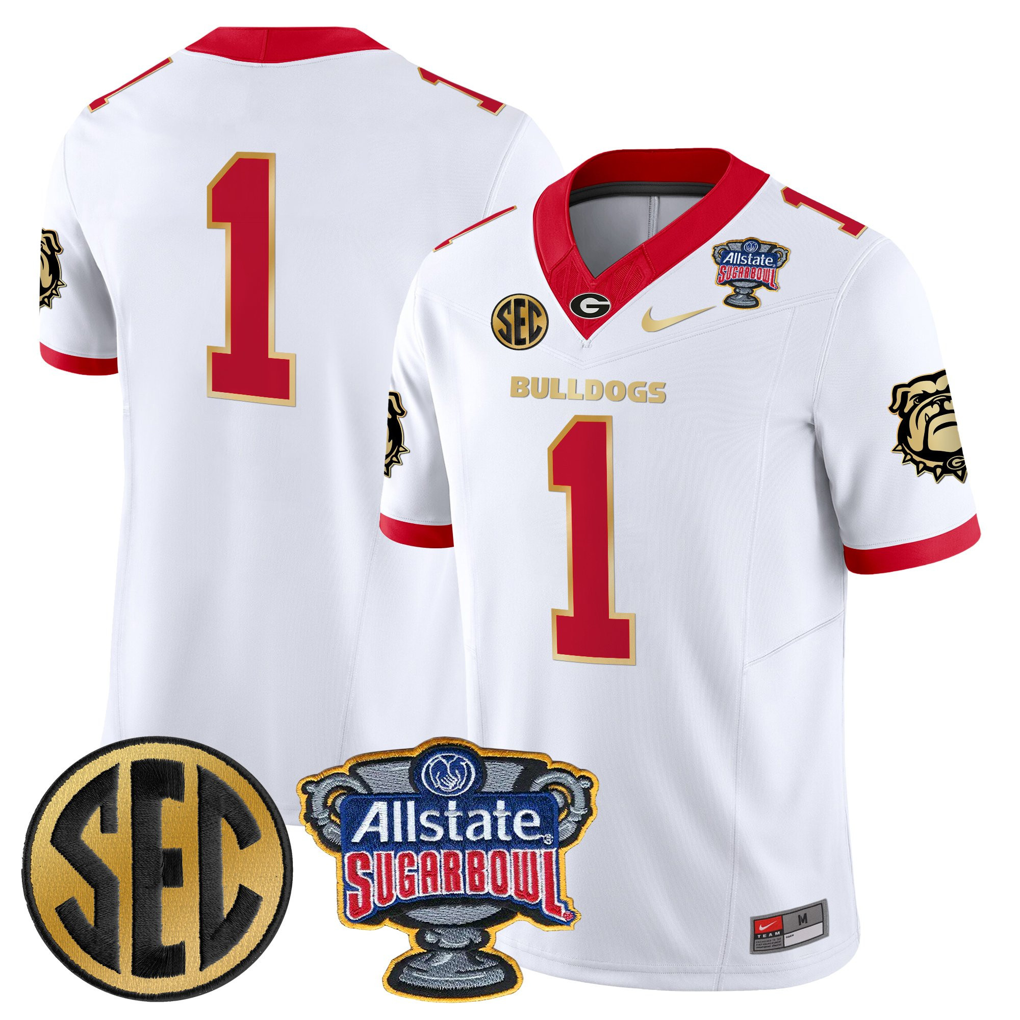 #1 Team Men's Georgia Bulldogs Sugar Bowl Patch Vapor Limited White Gold Trim Jersey - All Stitched