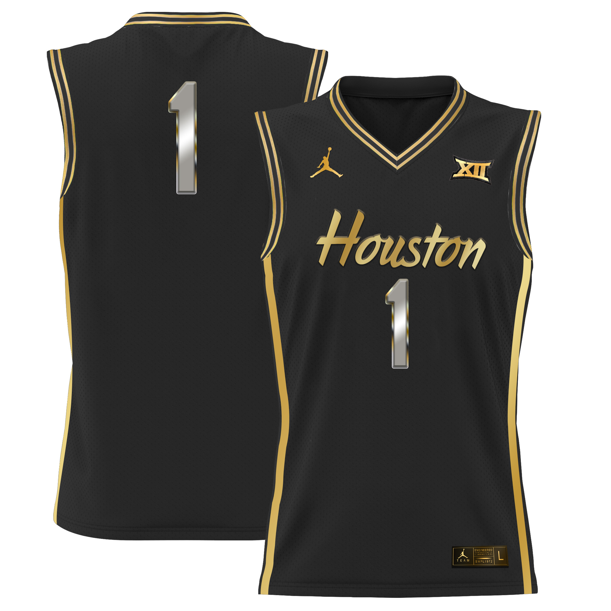 #1 Team Men's Houston Cougars 2025 Lightweight Basketball Black Gold Jersey - All Stitched