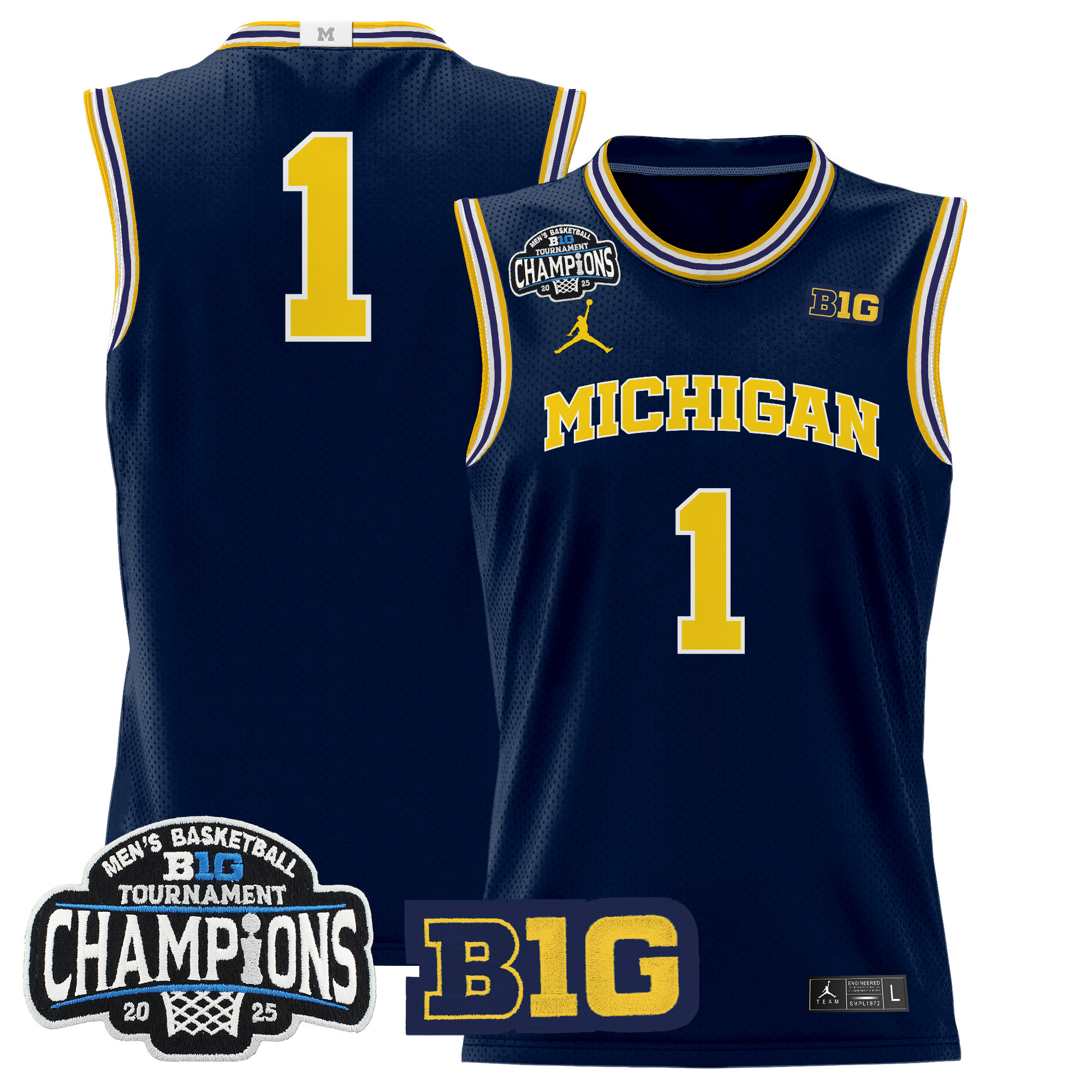 #1 Team Men's Michigan Wolverines 2025 Big Ten Conference Tournament Champions Basketball Navy Jersey - All Stitched