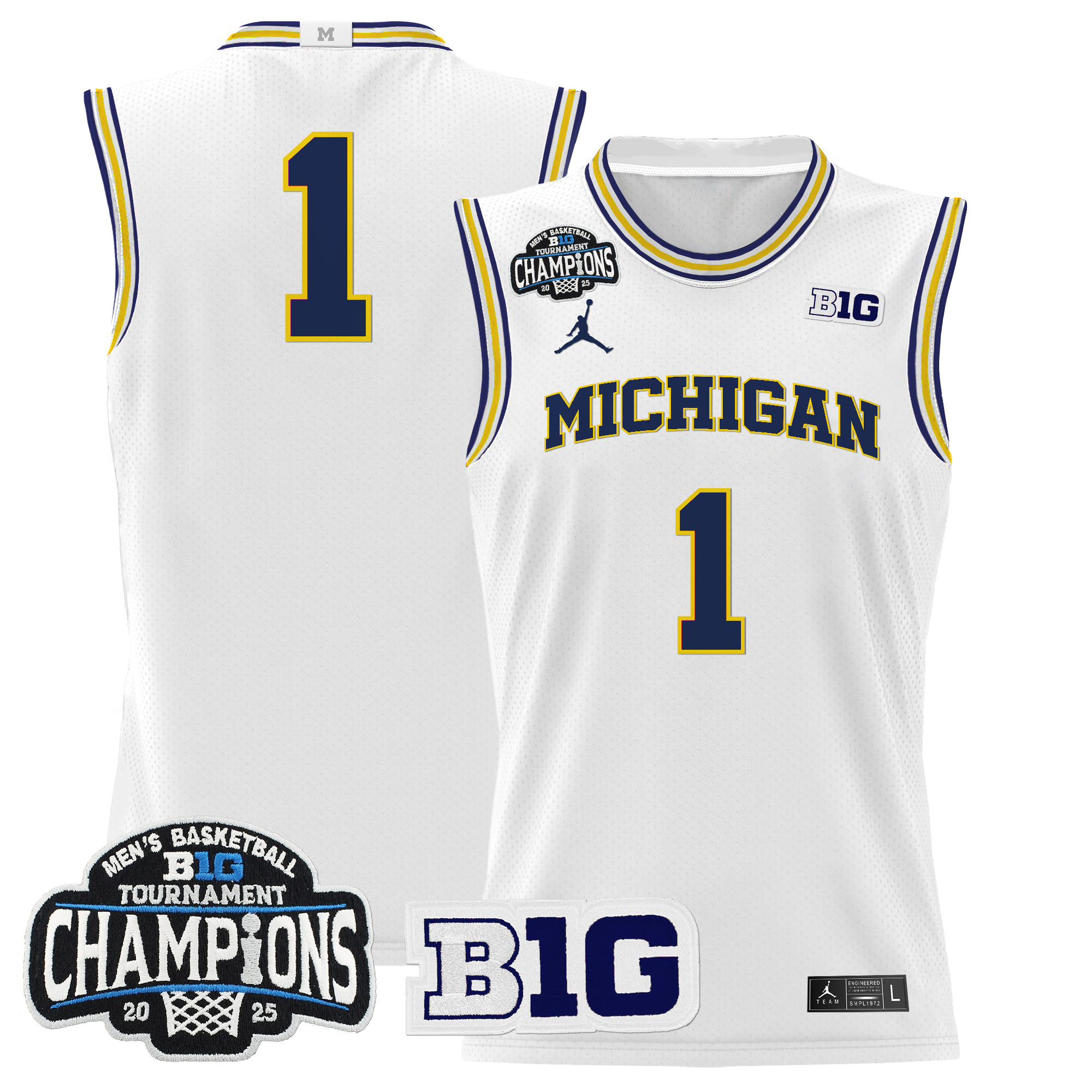 #1 Team Men's Michigan Wolverines 2025 Big Ten Conference Tournament Champions Basketball White Jersey - All Stitched