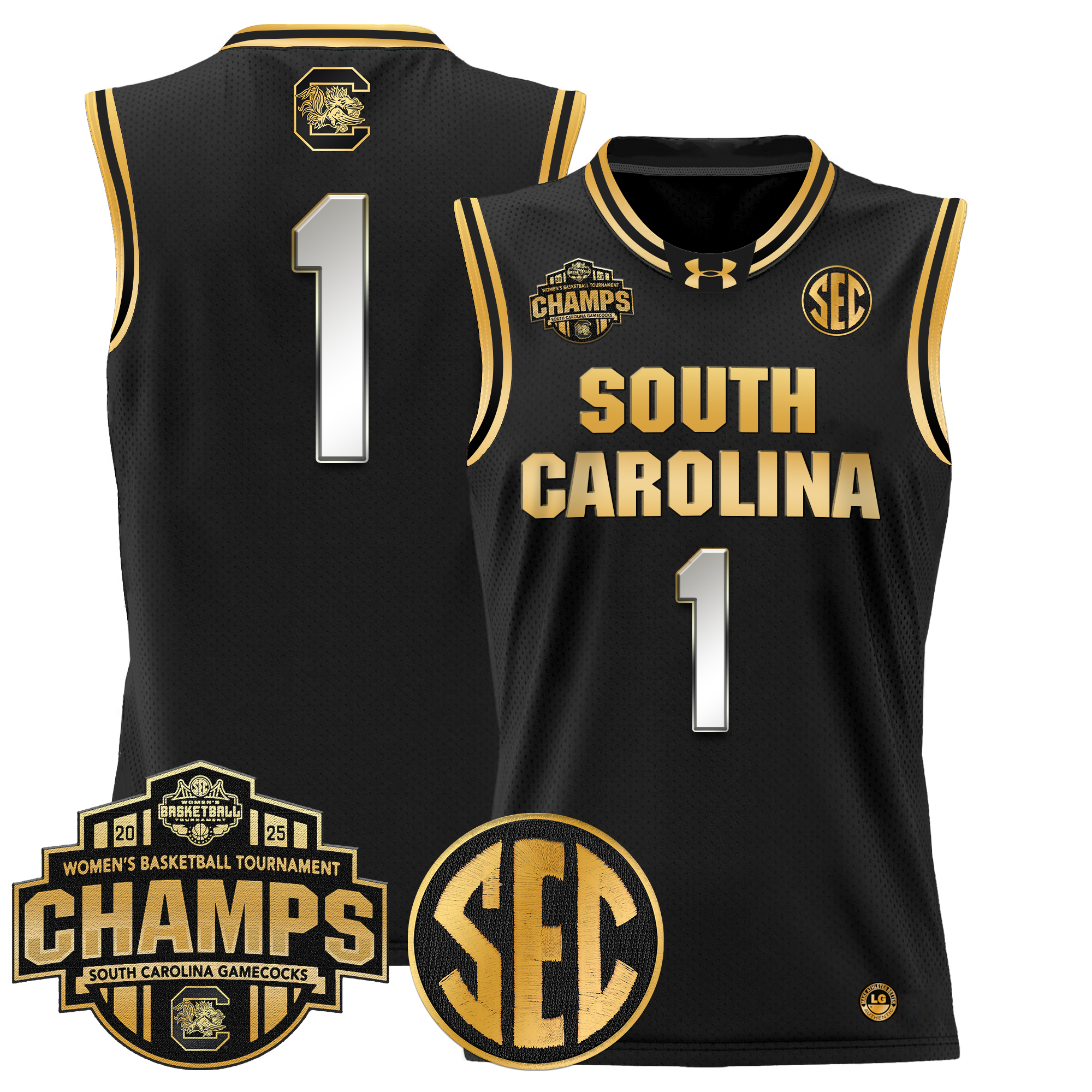 #1 Team Men's Size - South Carolina Gamecocks 2025 SEC Women's Conference Tournament Champions Lightweight Basketball Black Gold Jersey - All Stitched