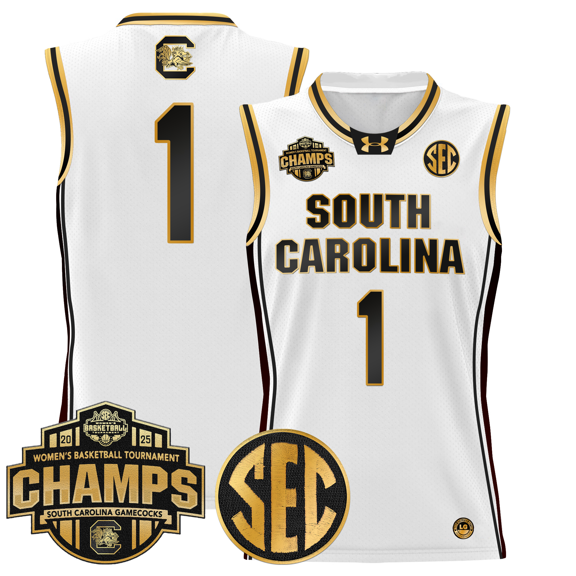 #1 Team Men's Size - South Carolina Gamecocks 2025 SEC Women's Conference Tournament Champions Lightweight Basketball White Gold Jersey - All Stitched