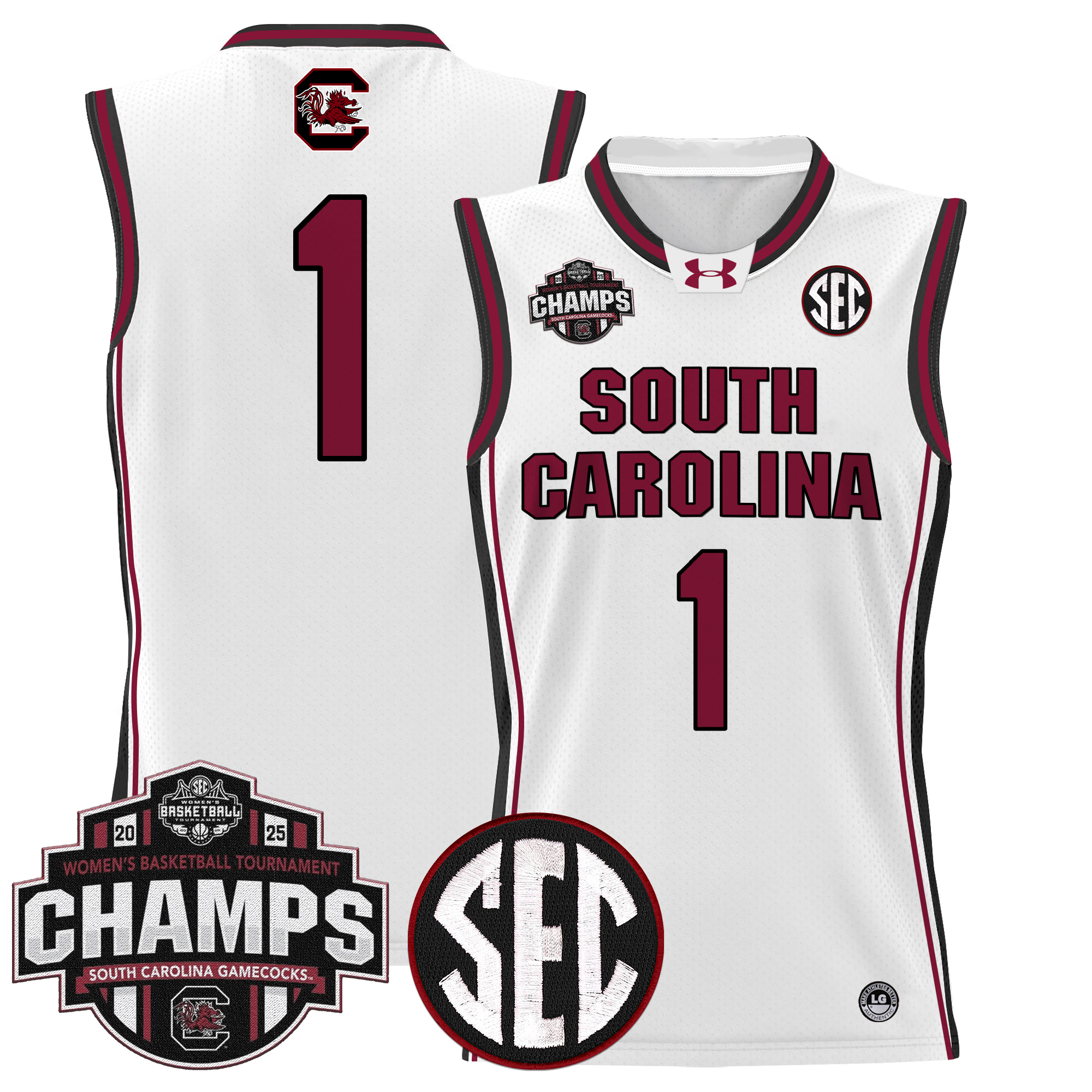 #1 Team Men's Size - South Carolina Gamecocks 2025 SEC Women's Conference Tournament Champions Lightweight Basketball White Jersey - All Stitched