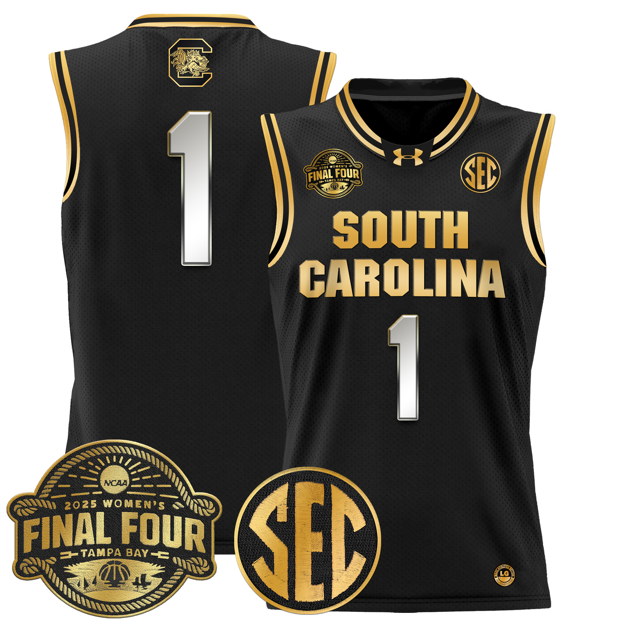 #1 Team Men's Size - South Carolina Gamecocks 2025 Sec Women's Final Four Patch Lightweight Basketball Black Gold Jersey - All Stitched