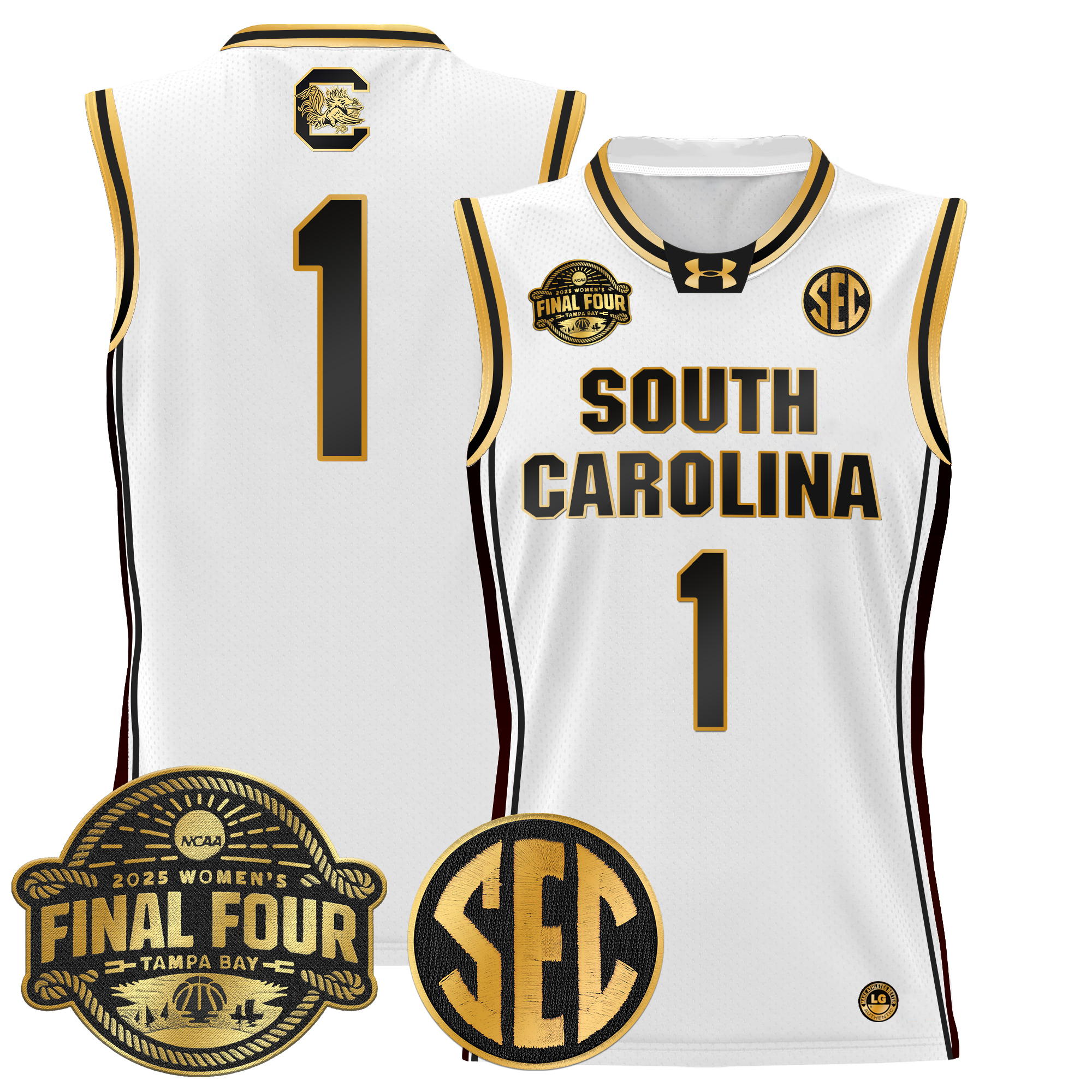 #1 Team Men's Size - South Carolina Gamecocks 2025 Sec Women's Final Four Patch Lightweight Basketball White Gold Jersey - All Stitched