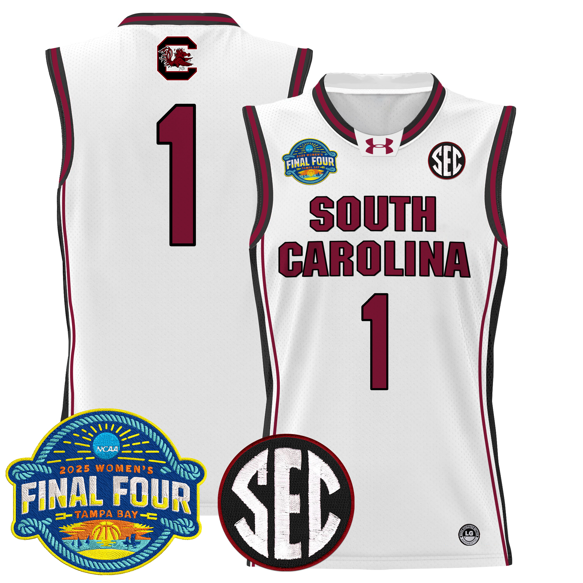 #1 Team Men's Size - South Carolina Gamecocks 2025 Sec Women's Final Four Patch Lightweight Basketball White Jersey - All Stitched