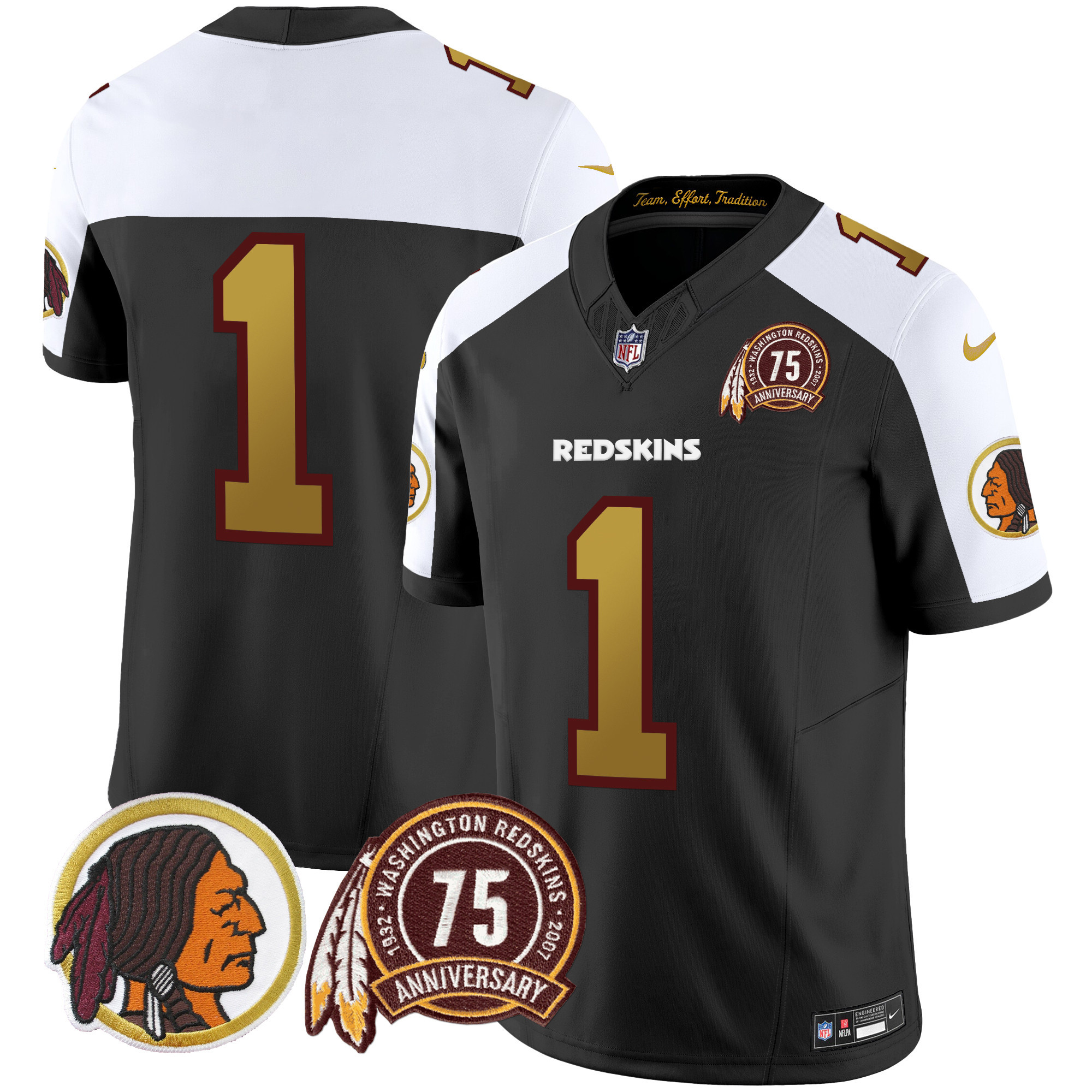 #1 Team Men's Washington Redskins 75th Patch Throwback Vapor Limited Black Alternate Jersey V2 - All Stitched