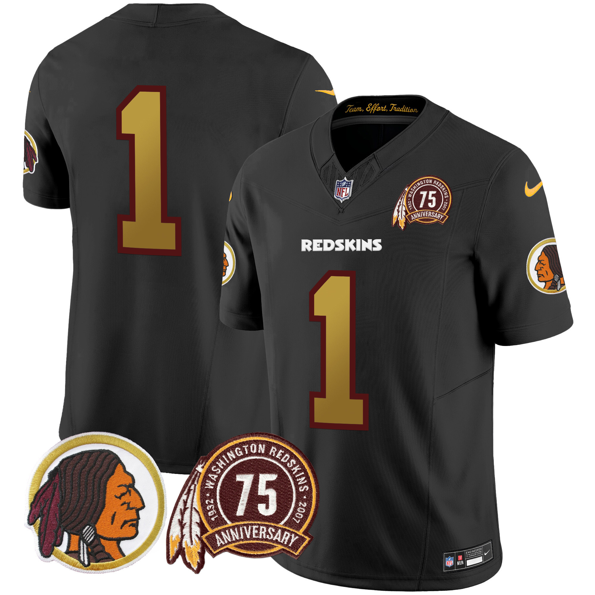 #1 Team Men's Washington Redskins 75th Patch Throwback Vapor Limited Black Jersey V2 - All Stitched