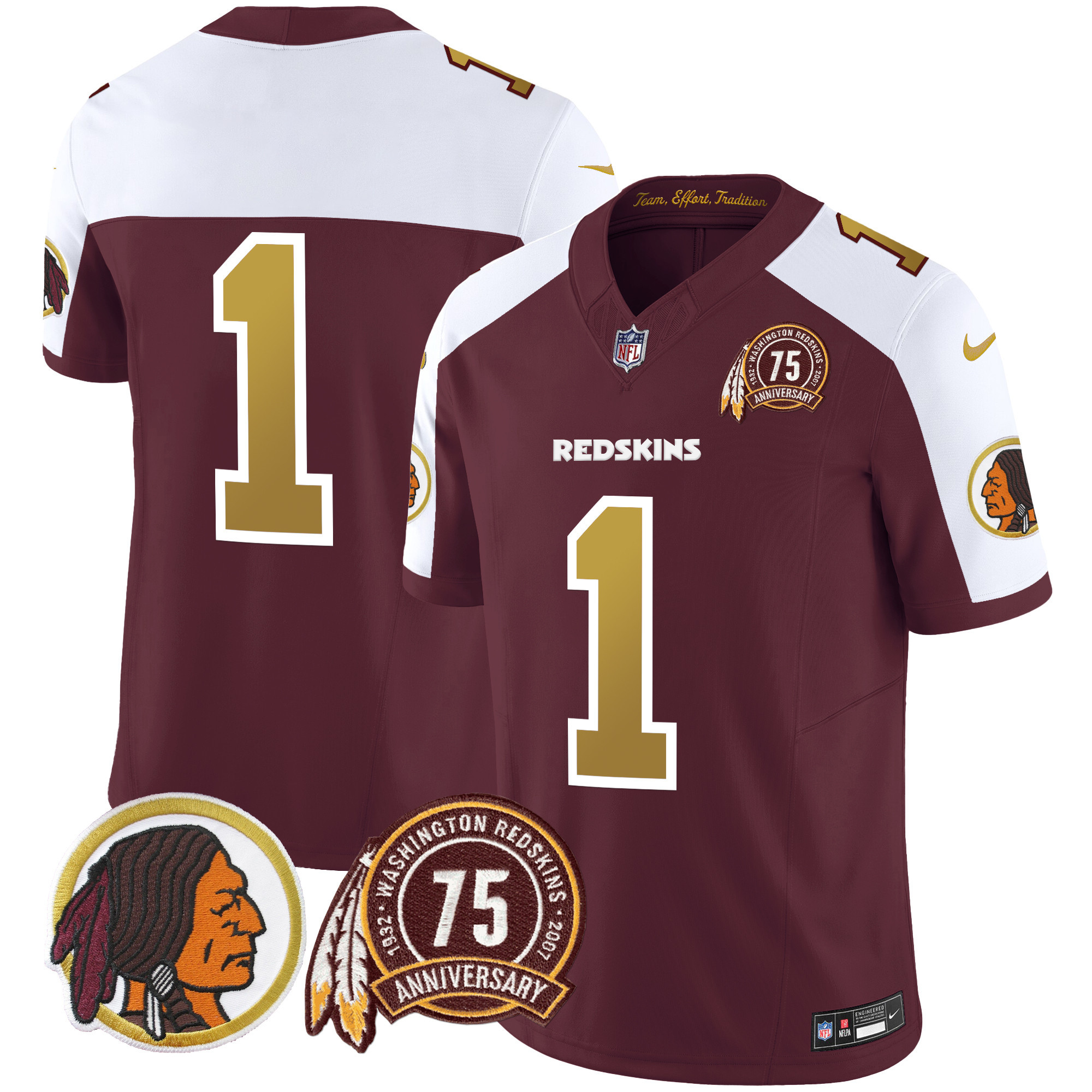 #1 Team Men's Washington Redskins 75th Patch Throwback Vapor Limited Burgundy Alternate Jersey V2 - All Stitched