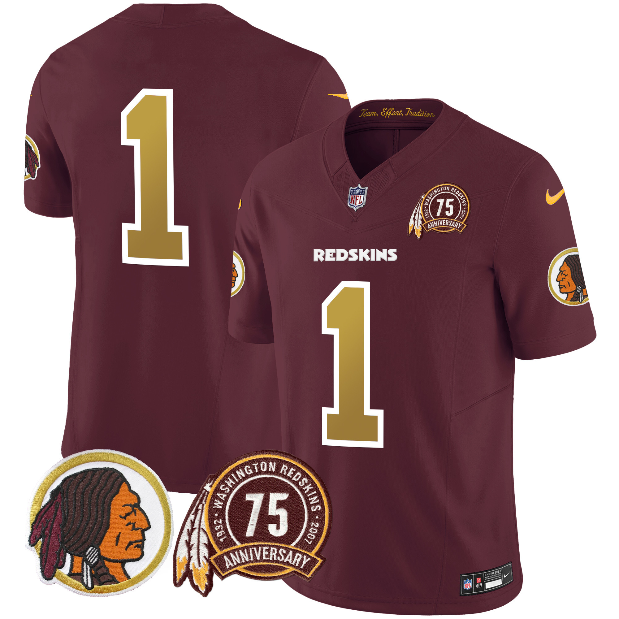 #1 Team Men's Washington Redskins 75th Patch Throwback Vapor Limited Burgundy Jersey V2 - All Stitched