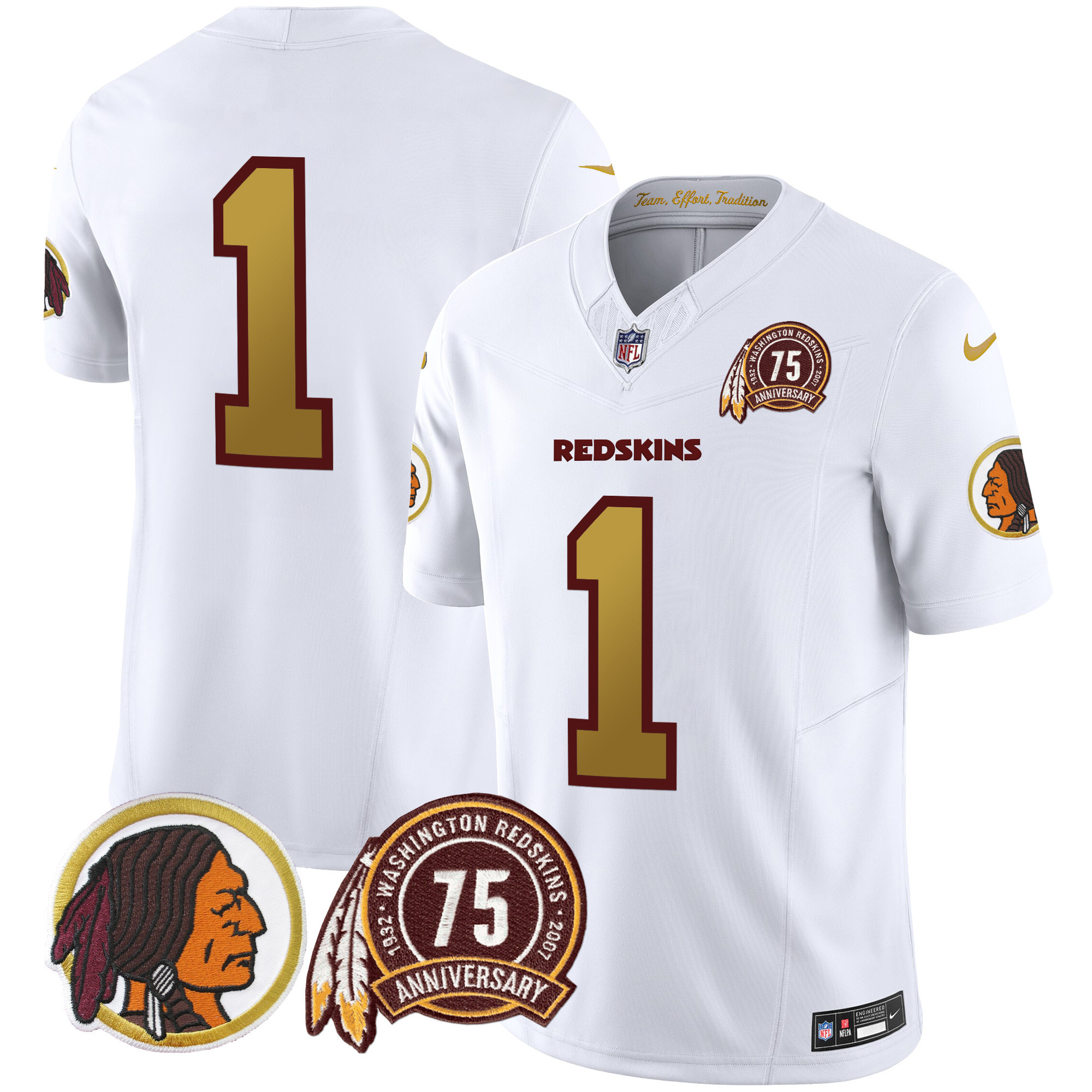 #1 Team Men's Washington Redskins 75th Patch Throwback Vapor Limited White Jersey V2 - All Stitched