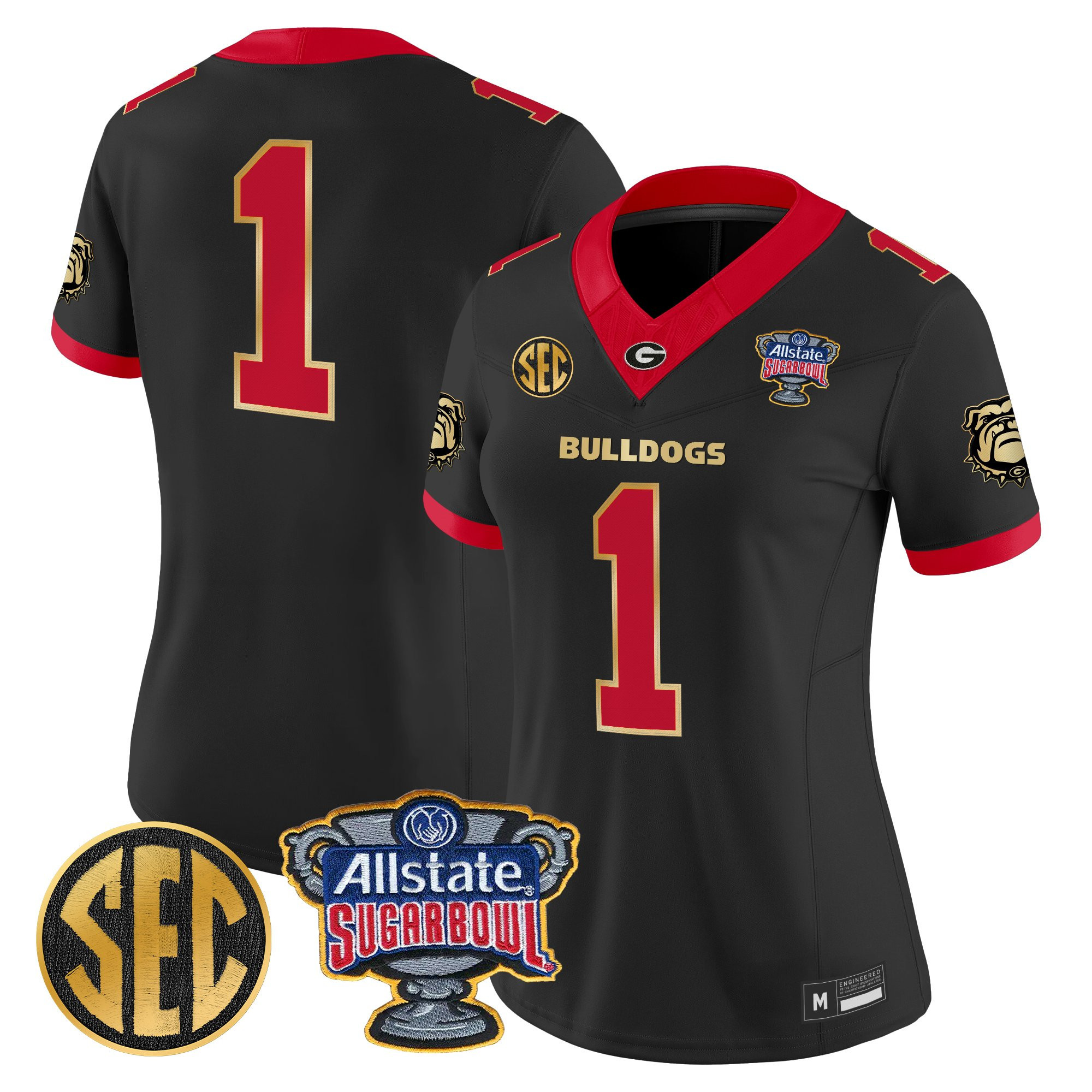 #1 Team Women's Georgia Bulldogs Sugar Bowl Patch Vapor Limited Black Gold Trim Jersey - All Stitched