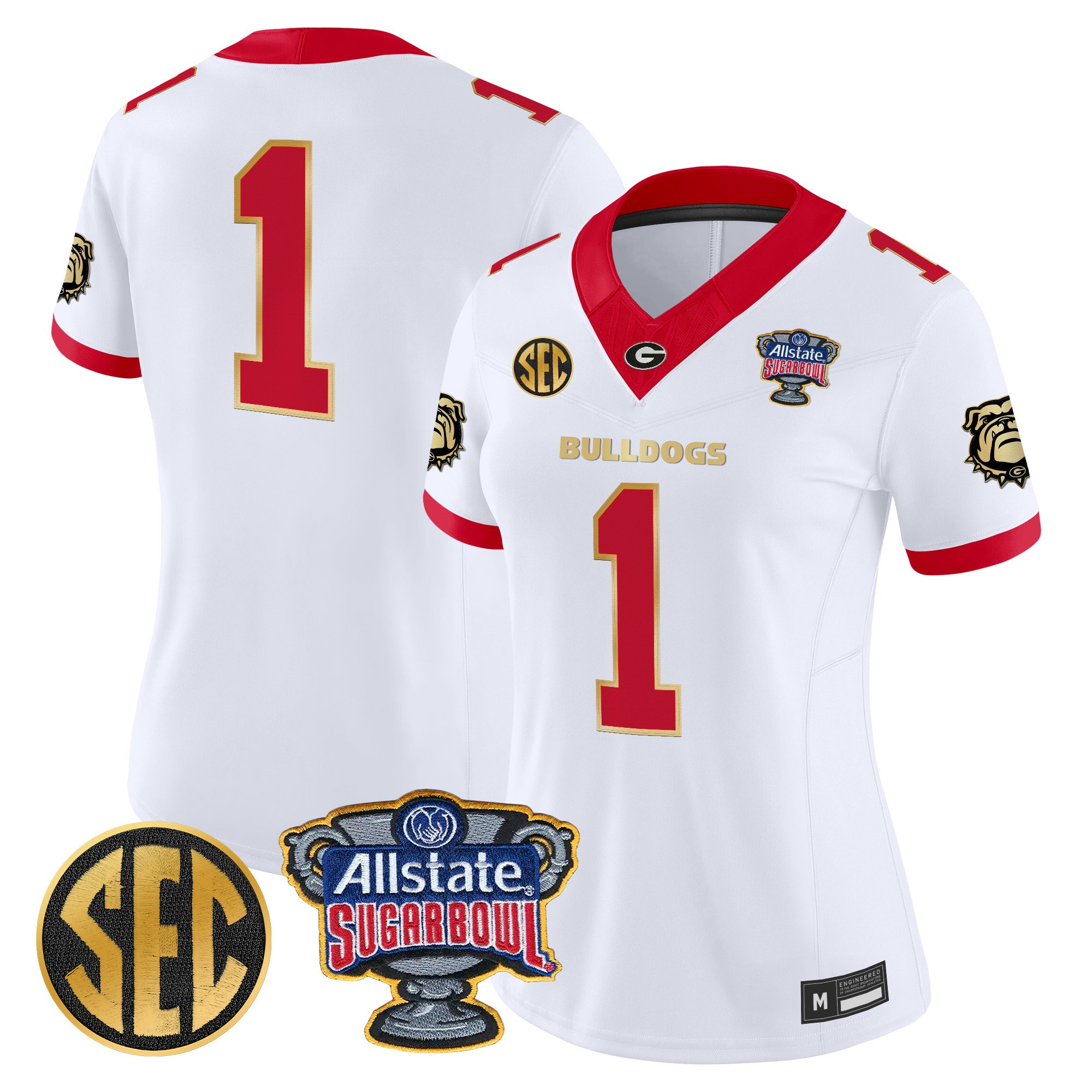 #1 Team Women's Georgia Bulldogs Sugar Bowl Patch Vapor Limited White Gold Trim Jersey - All Stitched