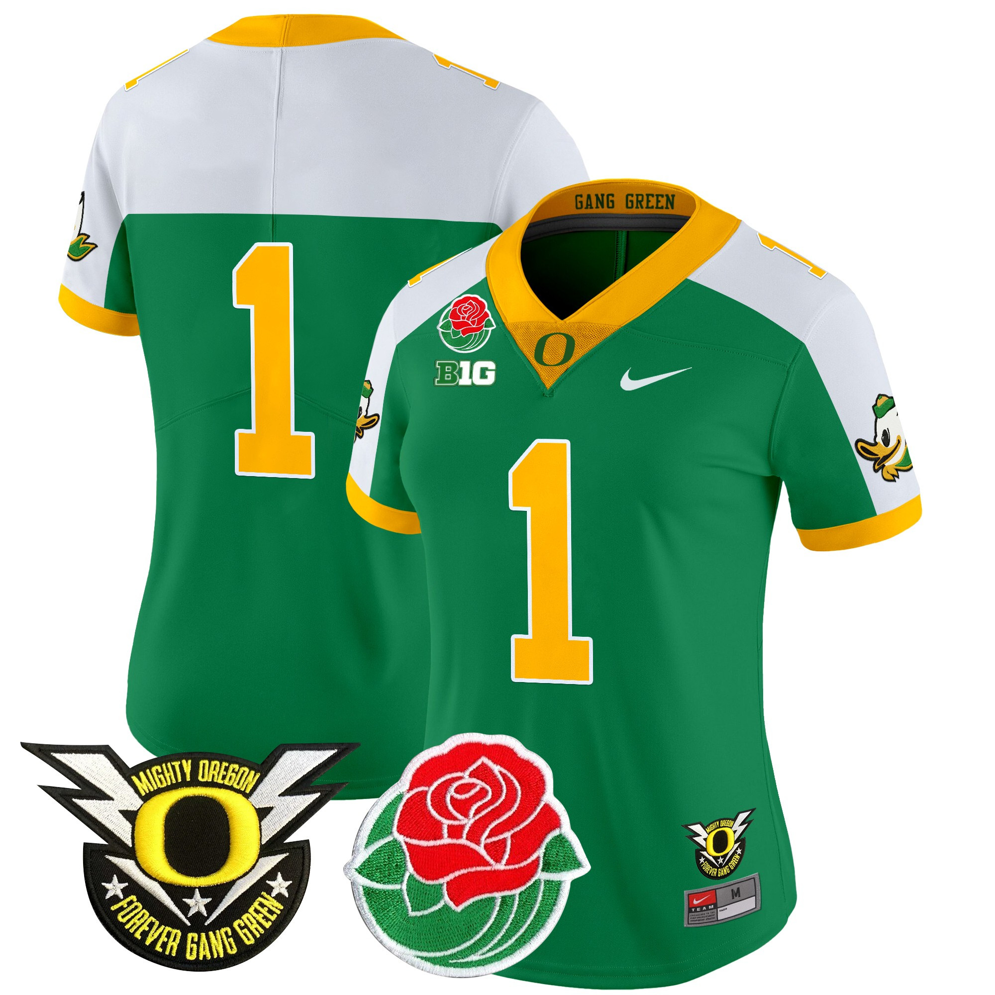 #1 Team Women's Oregon Ducks 2025 Rose Bowl Game & BIG Patch Vapor Limited Green Alternate Jersey - All Stitched