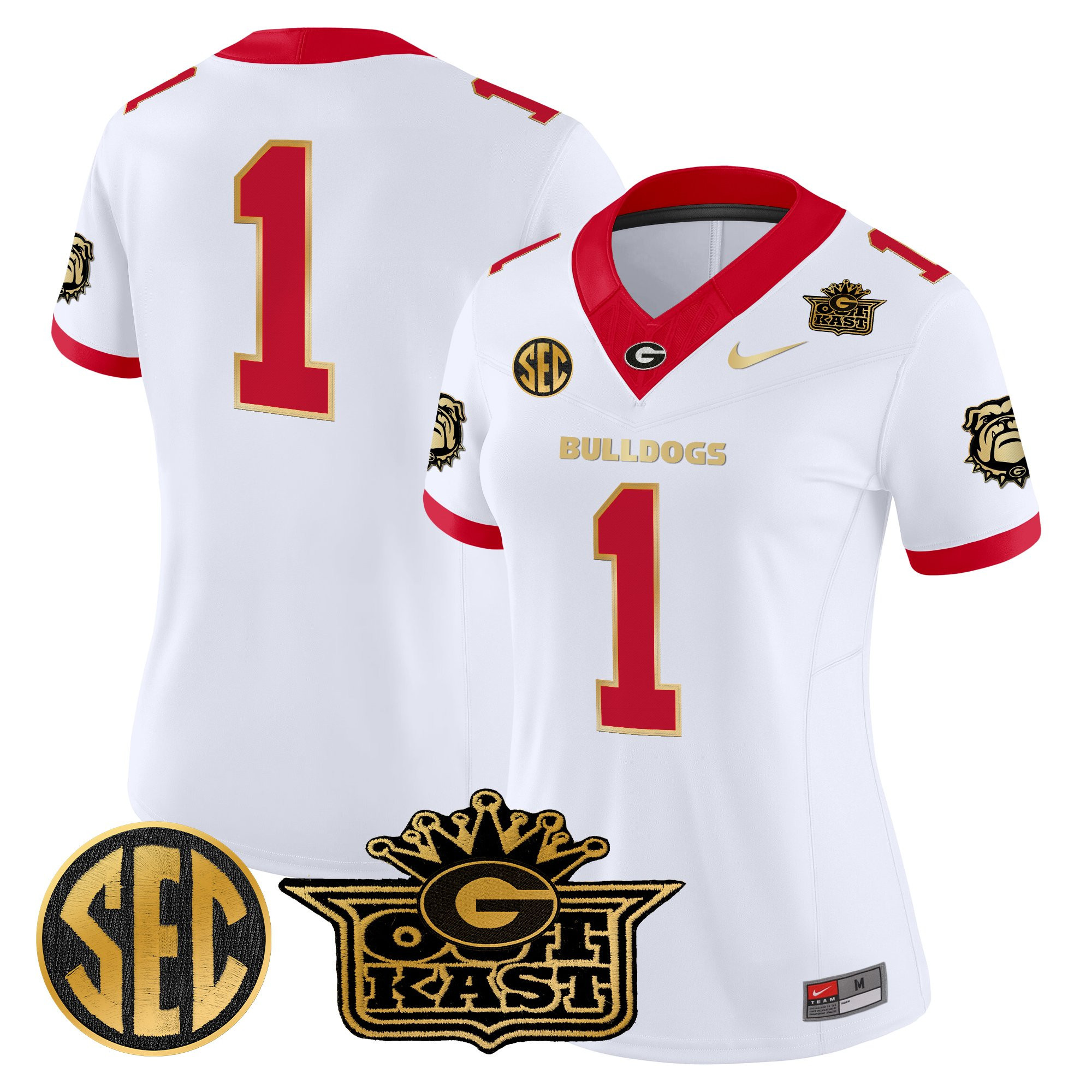 #1 Team Women's Outkast x Georgia Bulldogs Vapor Limited White Gold Trim Jersey - All stitched