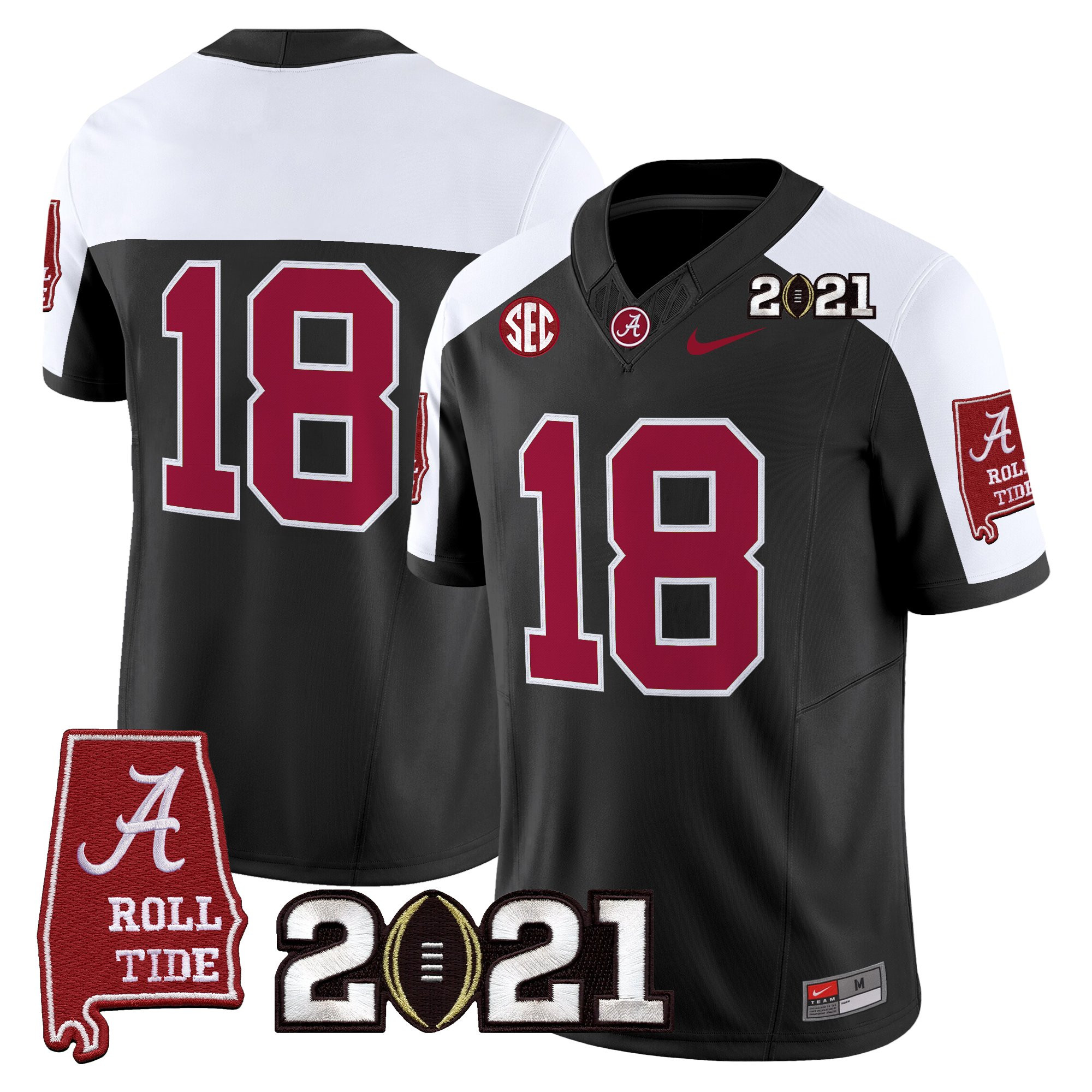 #18 Champions Men's Alabama Crimson Tide 2021 CFP National Championship Vapor Limited Black Alternate Jersey - Alabama Map - All Stitched