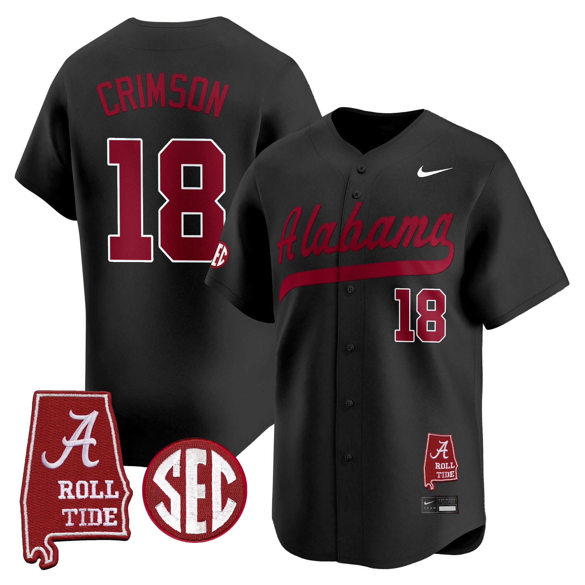 #18 Crimson Men's Alabama Crimson Tide 2025 Vapor Baseball Black Jersey - Alabama Map - All Stitched