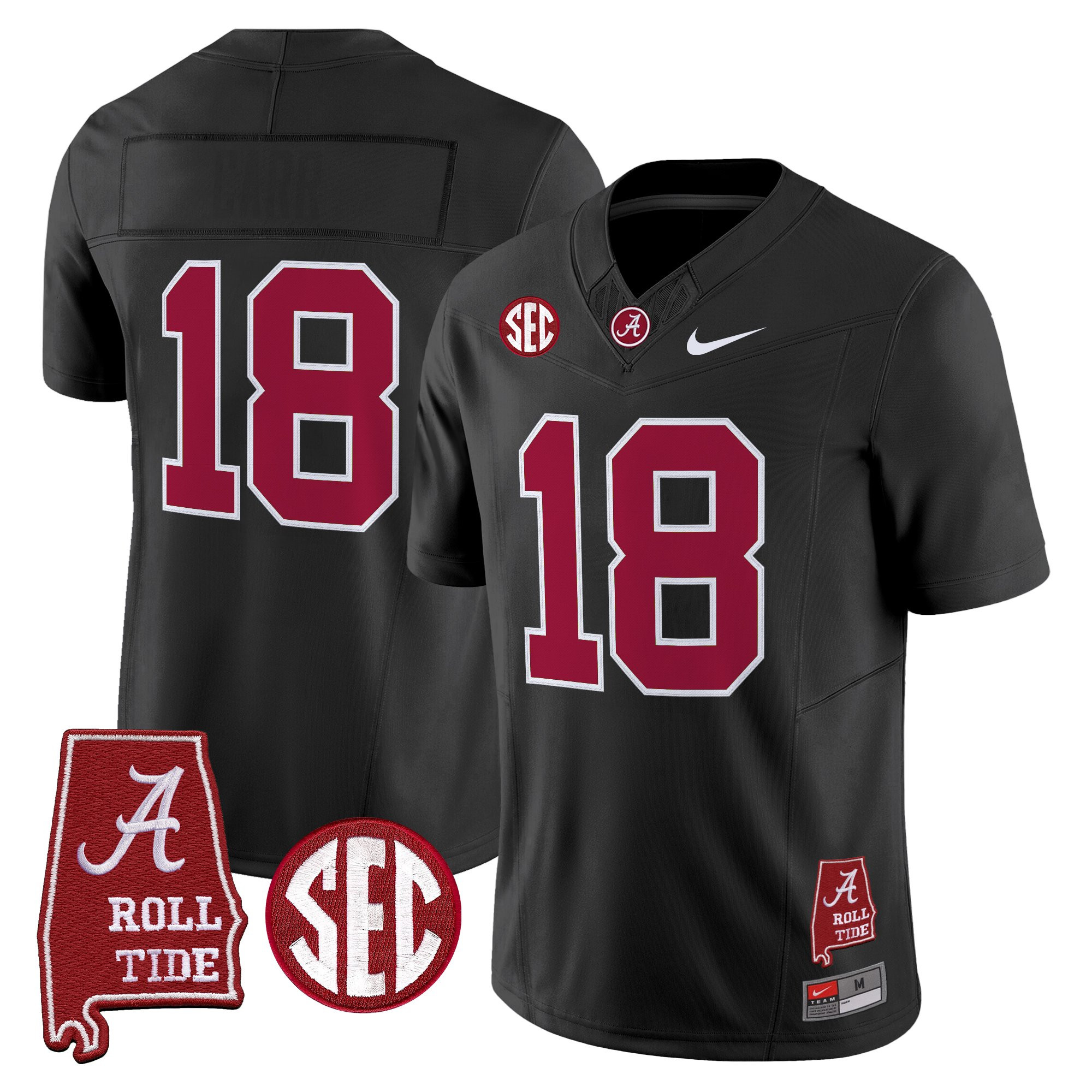 #18 Crimson Men's Alabama Crimson Tide 2025 Vapor Limited Black Jersey - Alabama Map - All Stitched