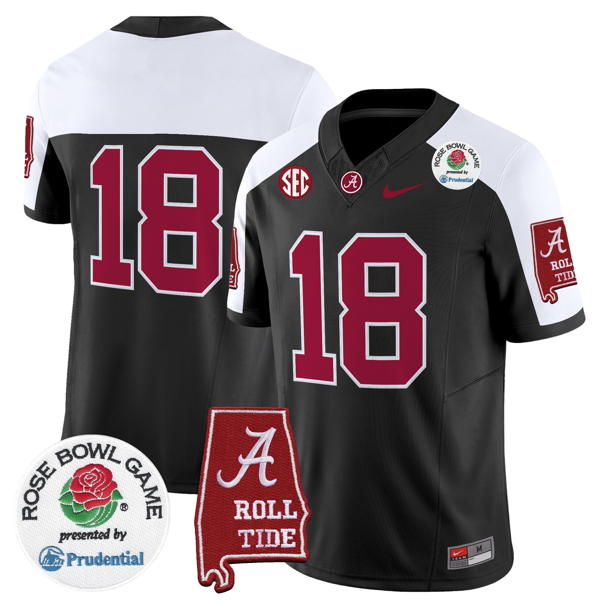 #18 Crimson Men's Alabama Crimson Tide 2026 Rose Bowl Vapor Limited Black Alternate Jersey - All Stitched