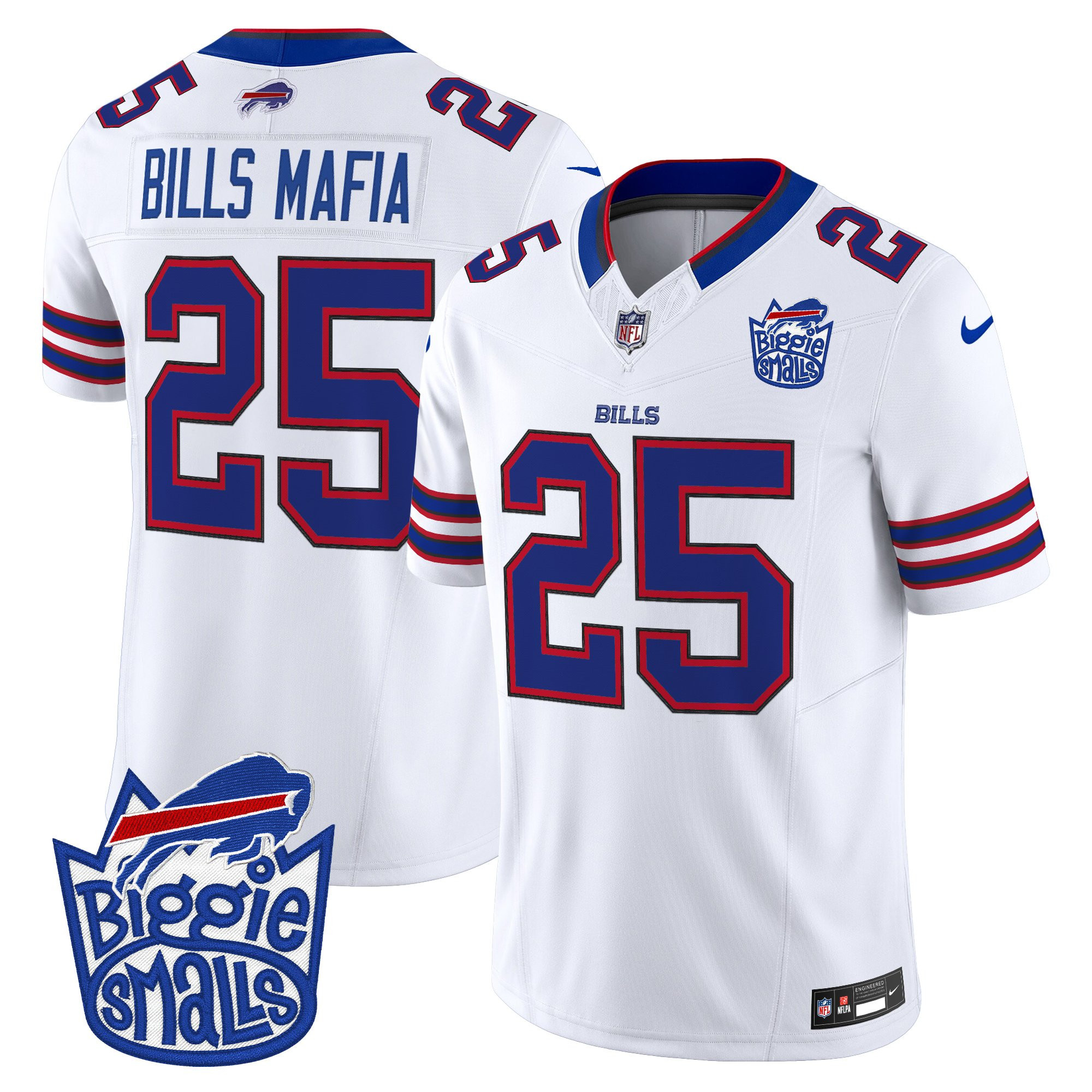 #25 Bills Mafia Men's Biggie Smalls ÃƒÆ’Ã¢â‚¬â€ Buffalo Bills Vapor Limited White Jersey - All stitched