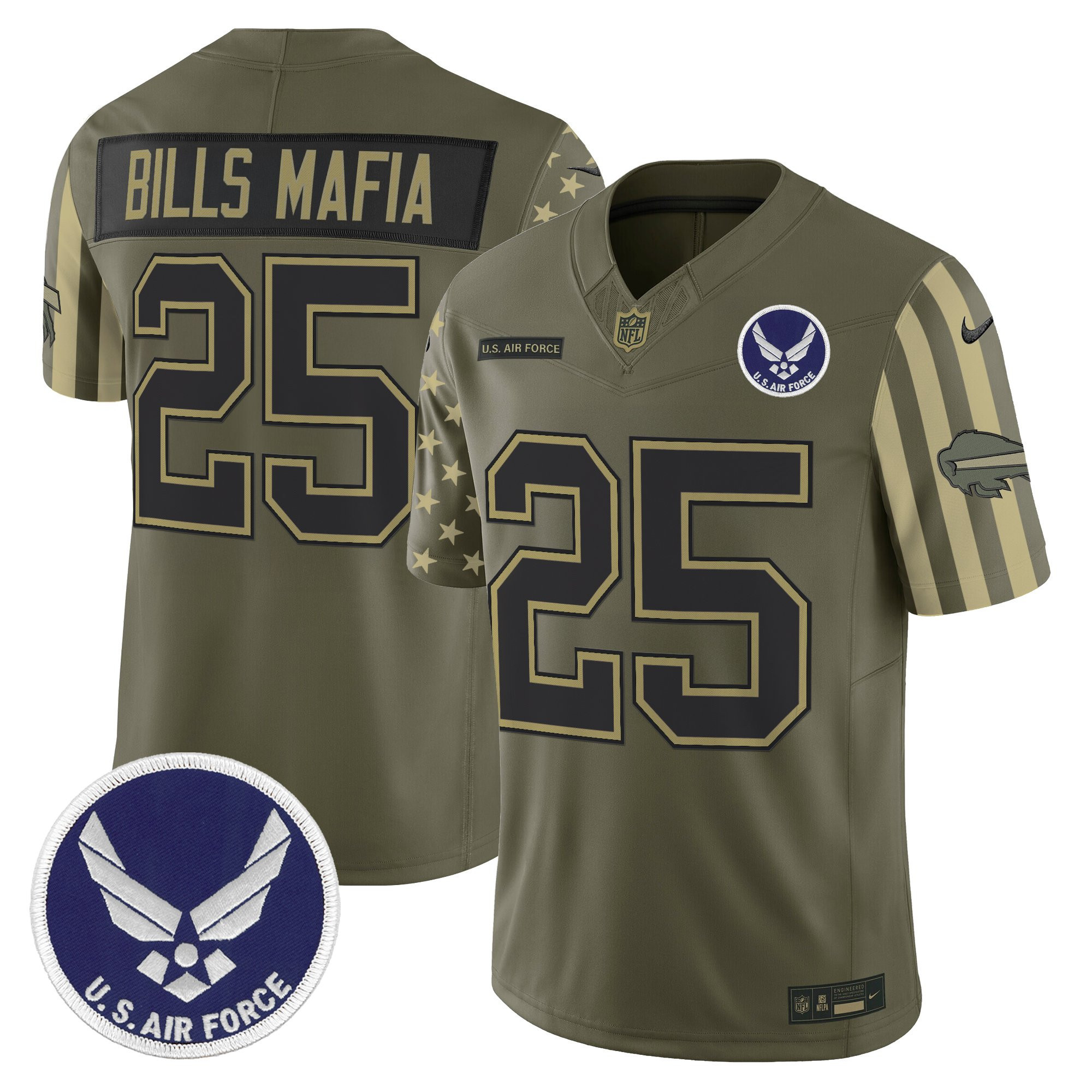 #25 Bills Mafia Men's Buffalo Bills x U.S. Military Veteran Vapor Limited Air Force Jersey - All Stitched