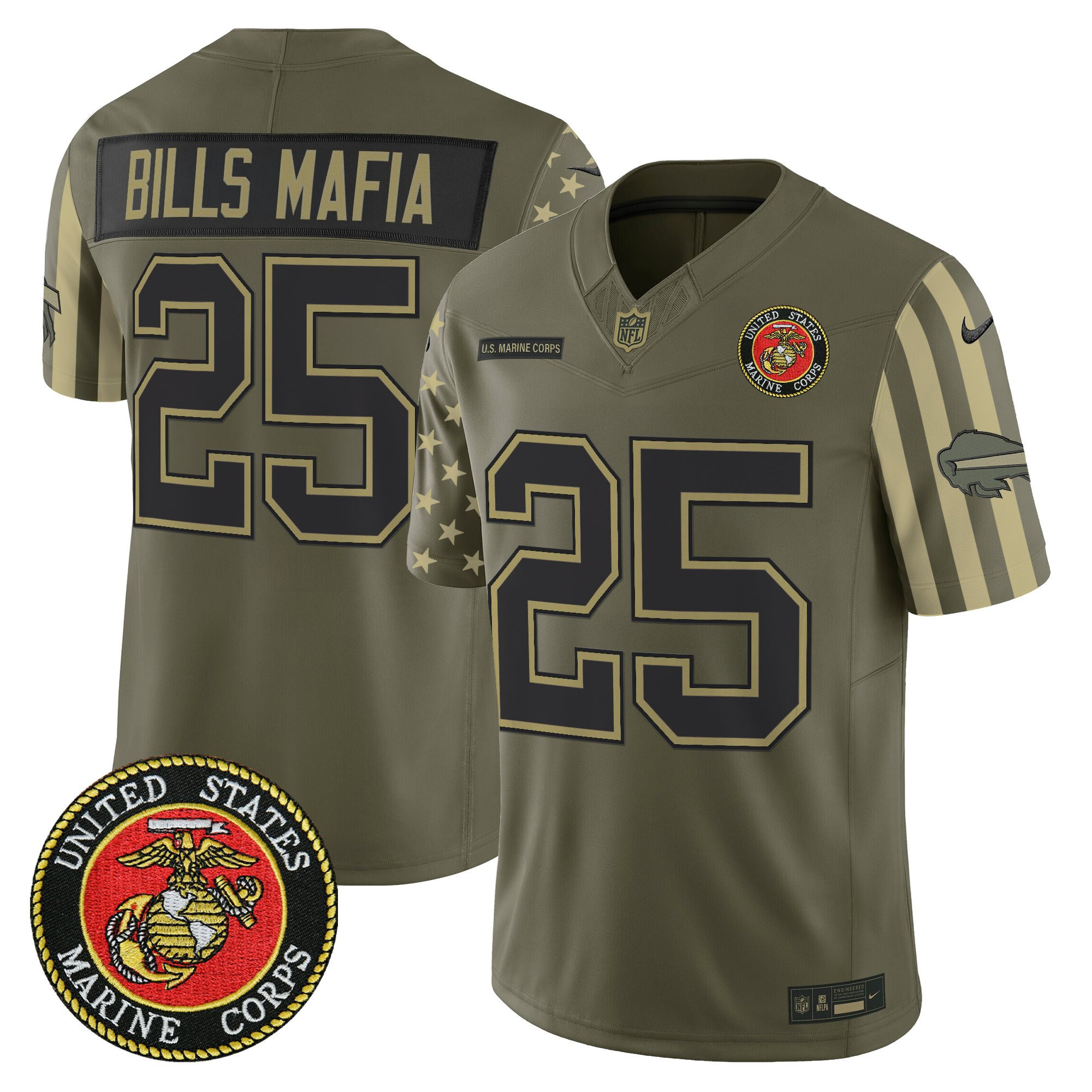 #25 Bills Mafia Men's Buffalo Bills x U.S. Military Veteran Vapor Limited Marines Jersey - All Stitched