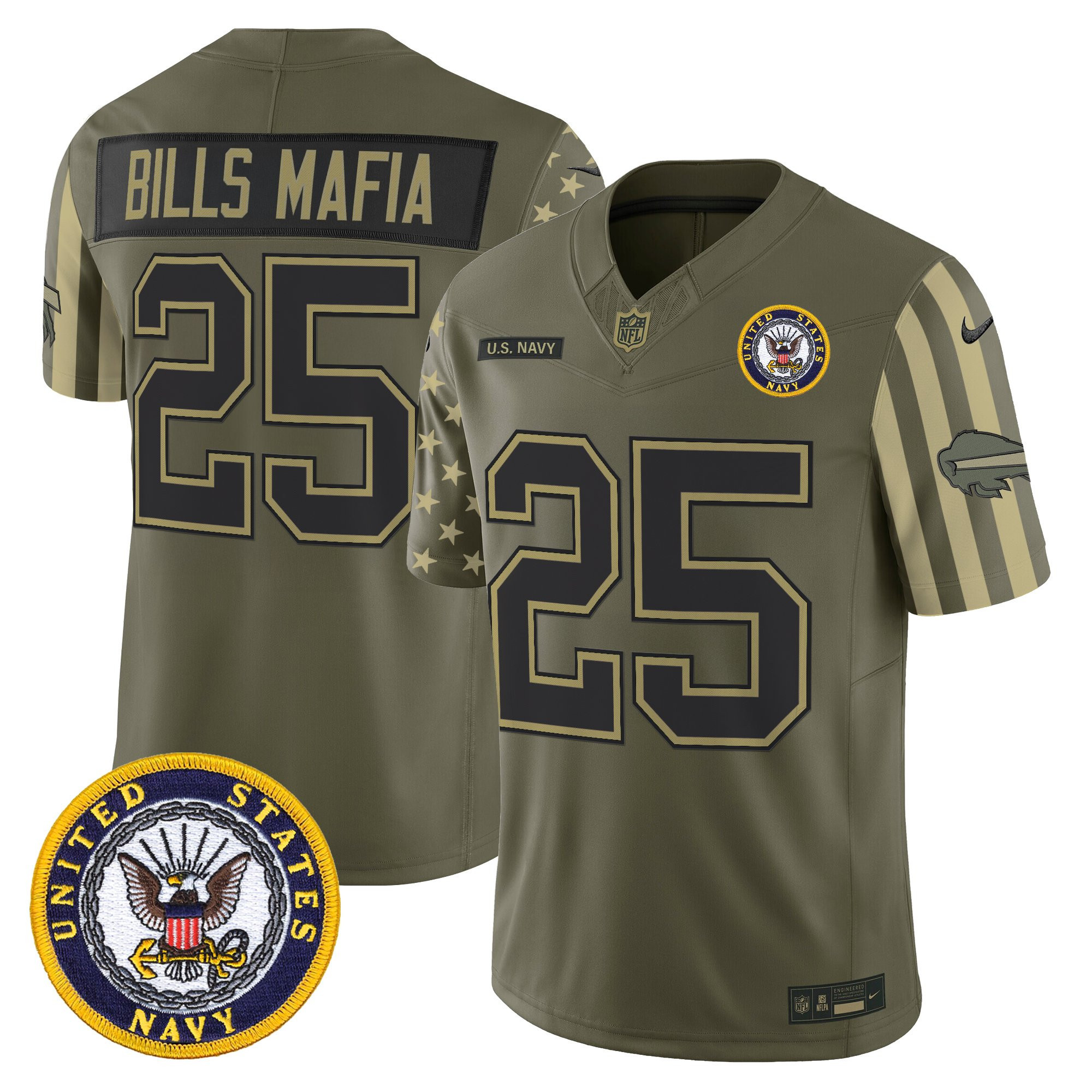 #25 Bills Mafia Men's Buffalo Bills x U.S. Military Veteran Vapor Limited Navy Jersey - All Stitched