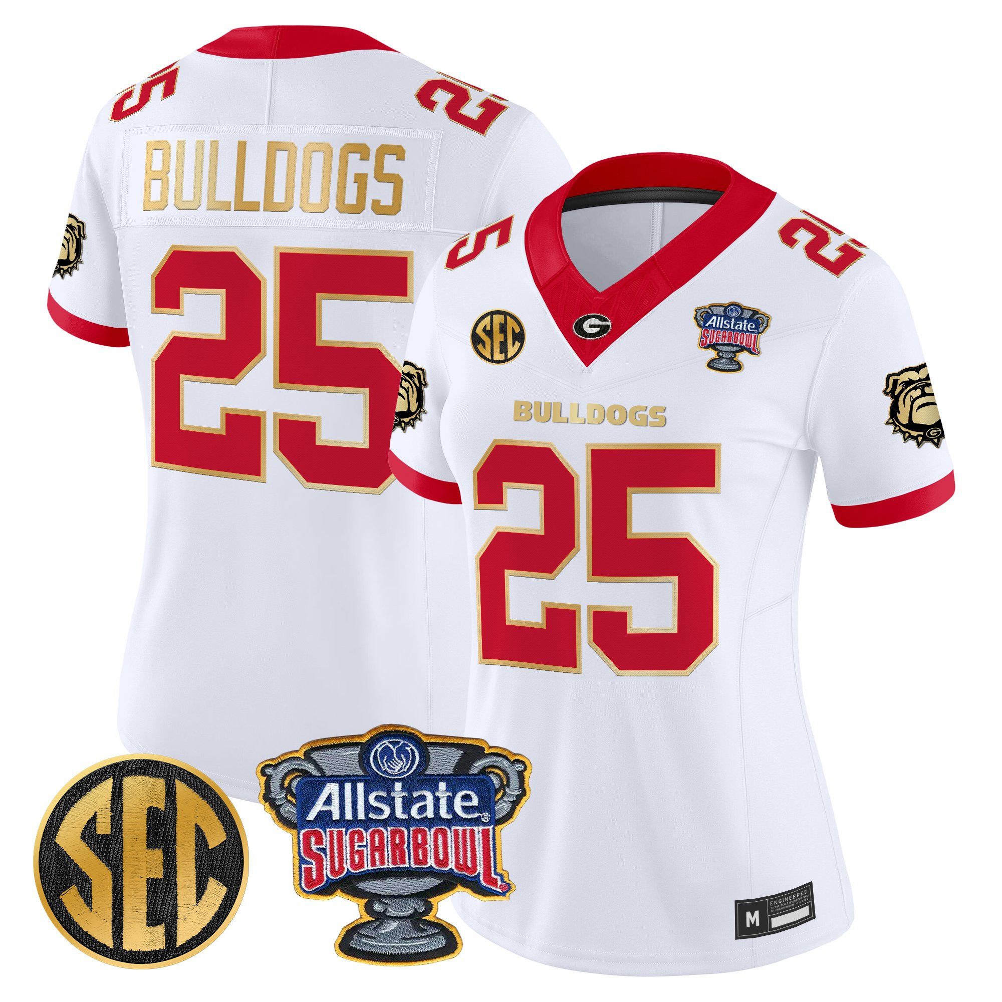 #25 Bulldogs Women's Georgia Bulldogs Sugar Bowl Patch Vapor Limited White Gold Trim Jersey - All Stitched