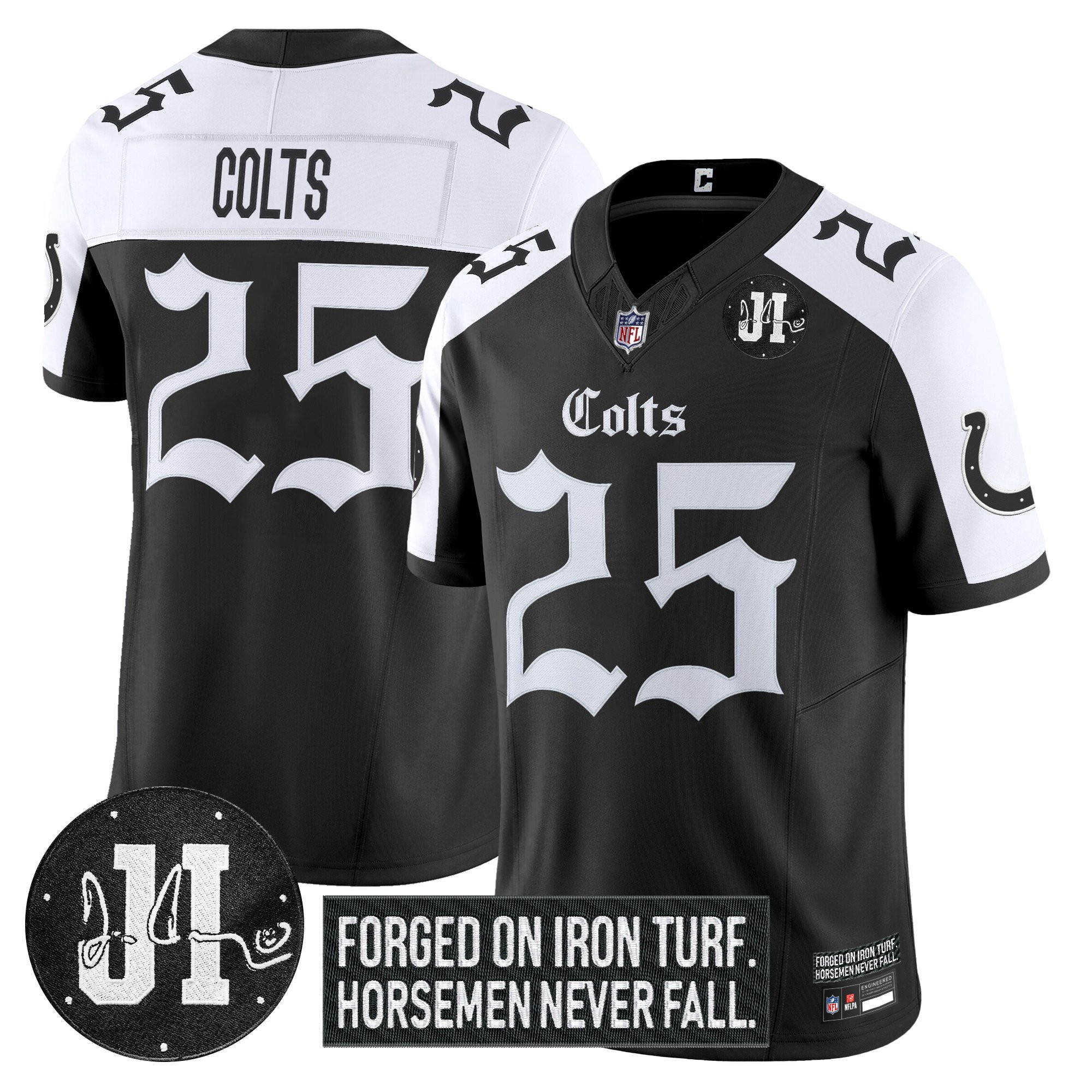 #25 Colts Men's Indianapolis Colts 2025 Gothic Iron Hoof Edition Vapor Limited Alternate Jersey - Jim Irsay Patch - All Stitched