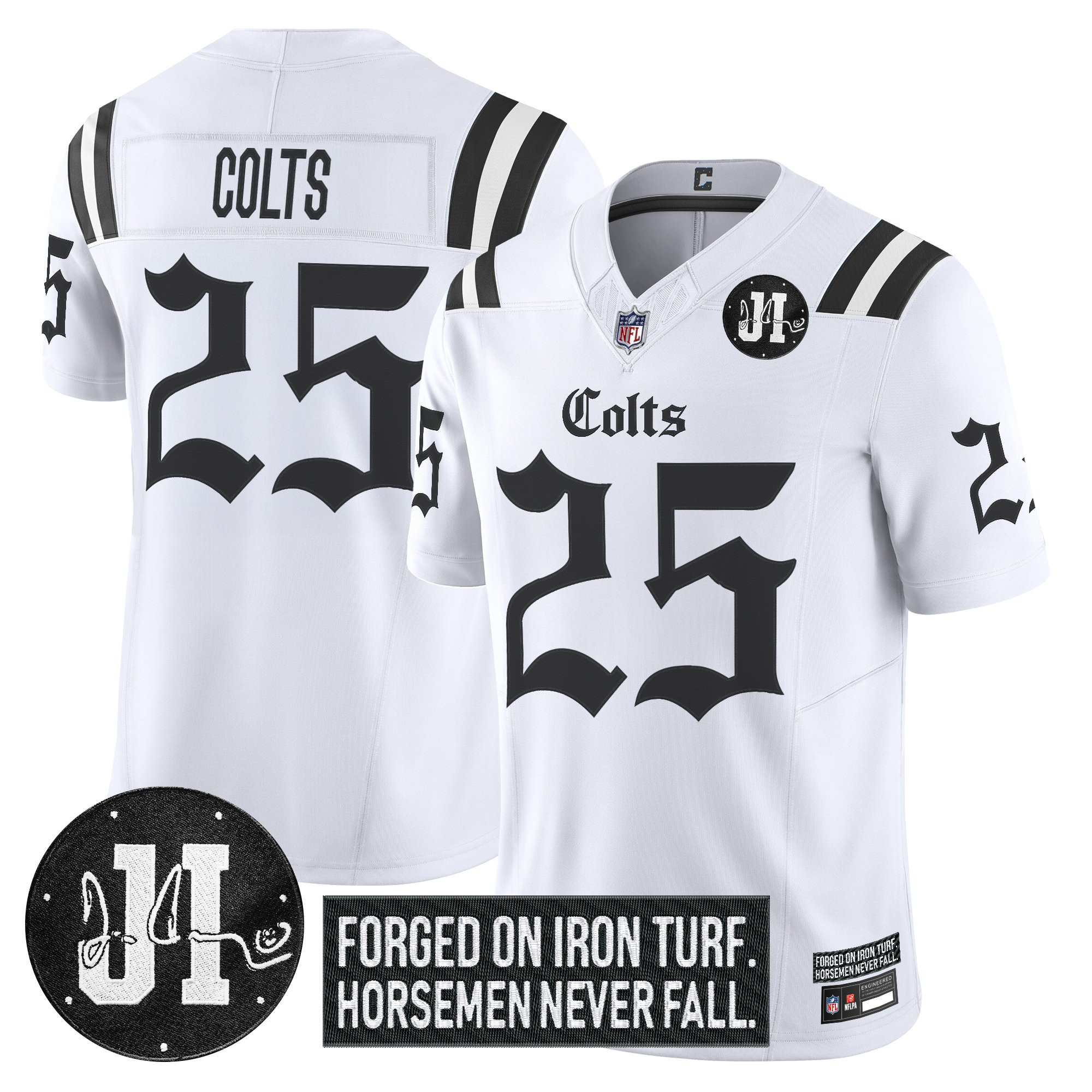 #25 Colts Men's Indianapolis Colts 2025 Gothic Iron Hoof Edition Vapor Limited White Jersey - Jim Irsay Patch - All Stitched